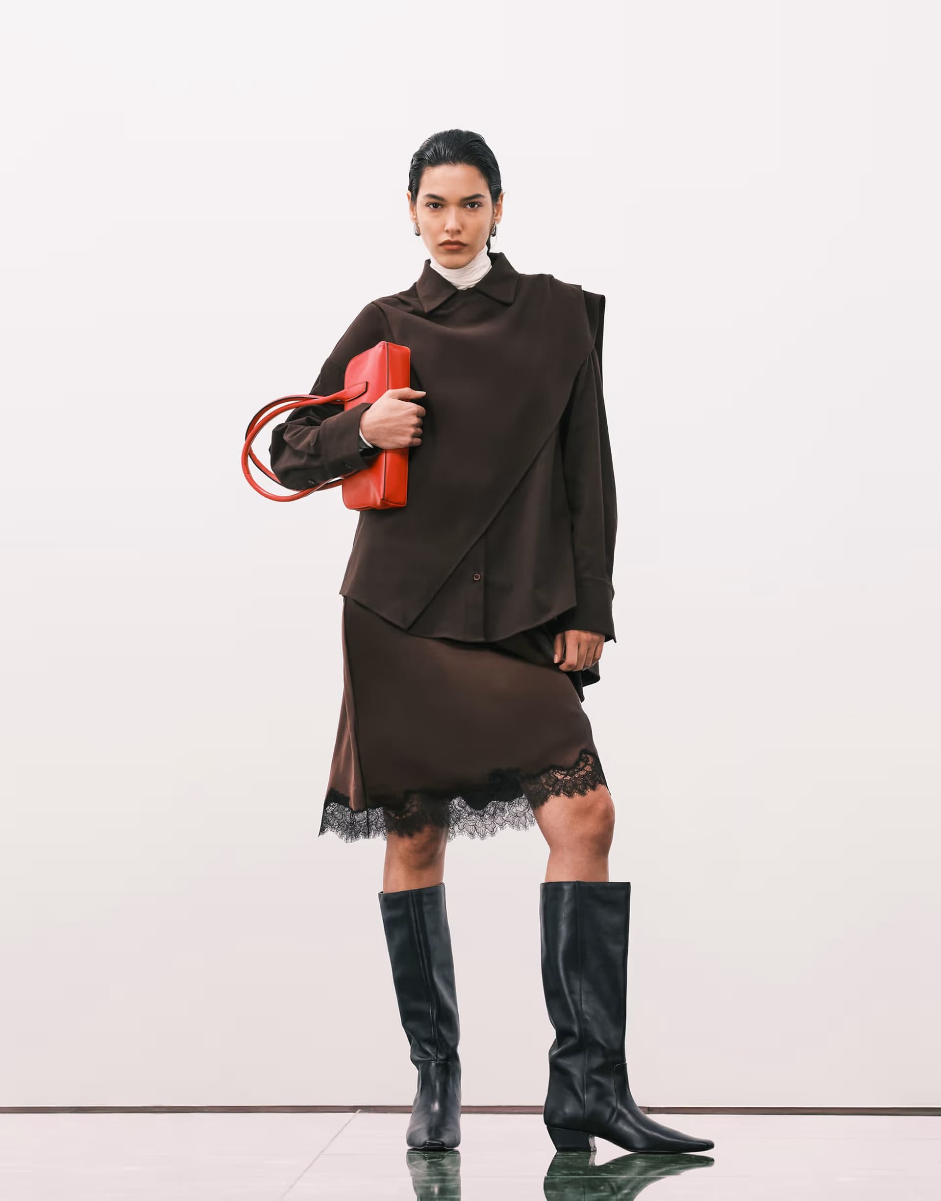 ASOS Mango knee length skirt with lace edge in brown