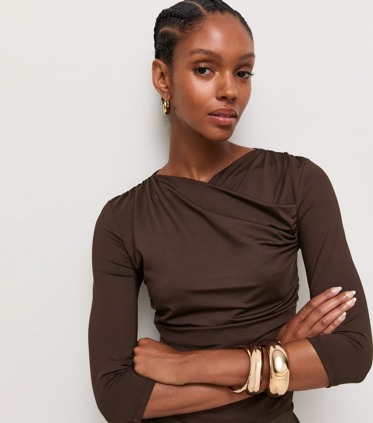 New Look Women's Dark Brown Jersey Cropped Sleeve Wrap Neck Top New Look