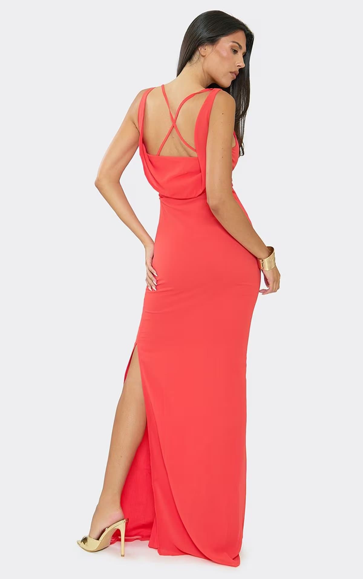 EGO Cowl Neck Side Split Fitted Maxi Dress In Red, Women's Size UK 8