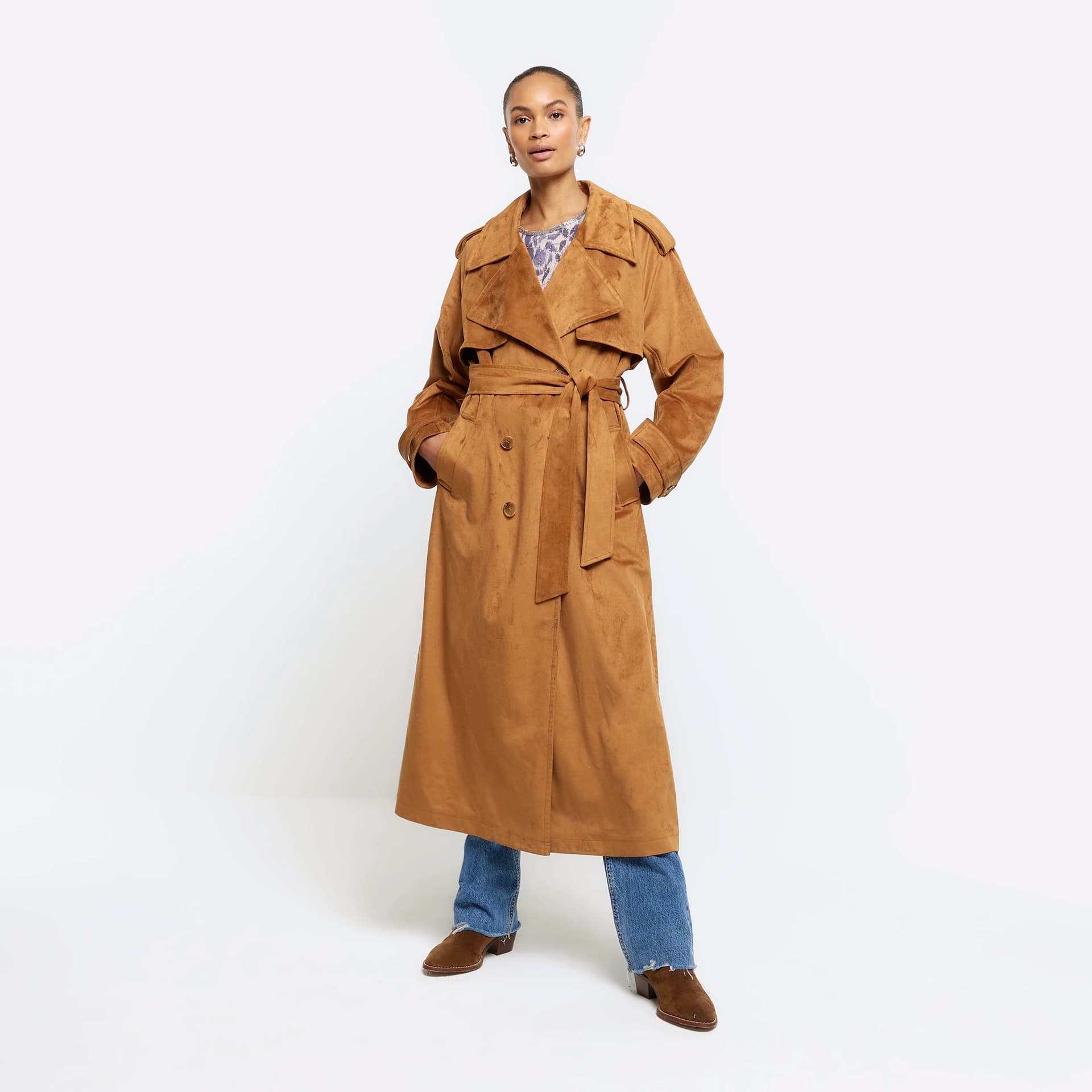 River Island River Island Womens Brown Suedette Belted Trench Coat