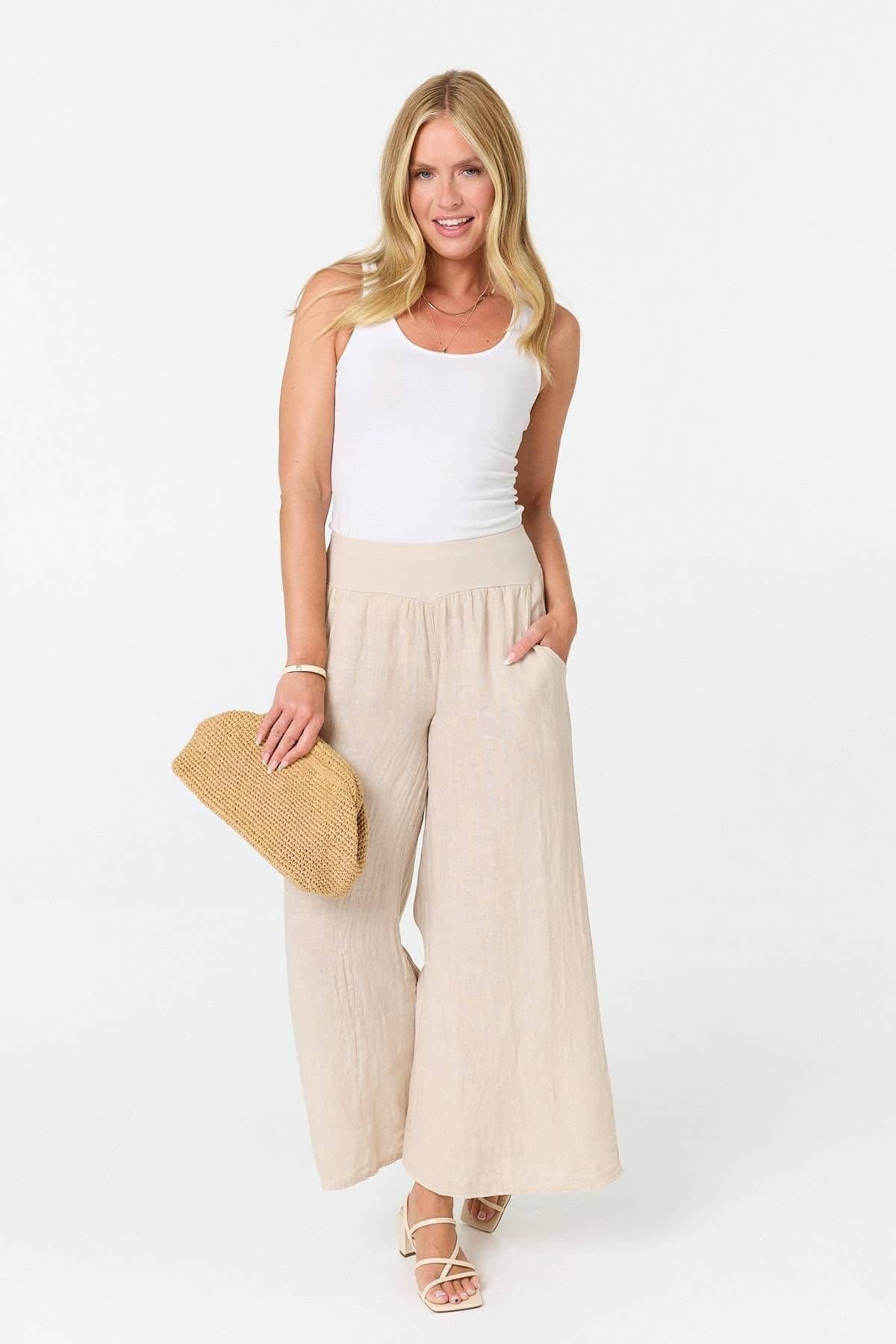 Izabel London Izabel London Women's High Waist Relaxed Flared Trousers in Beige