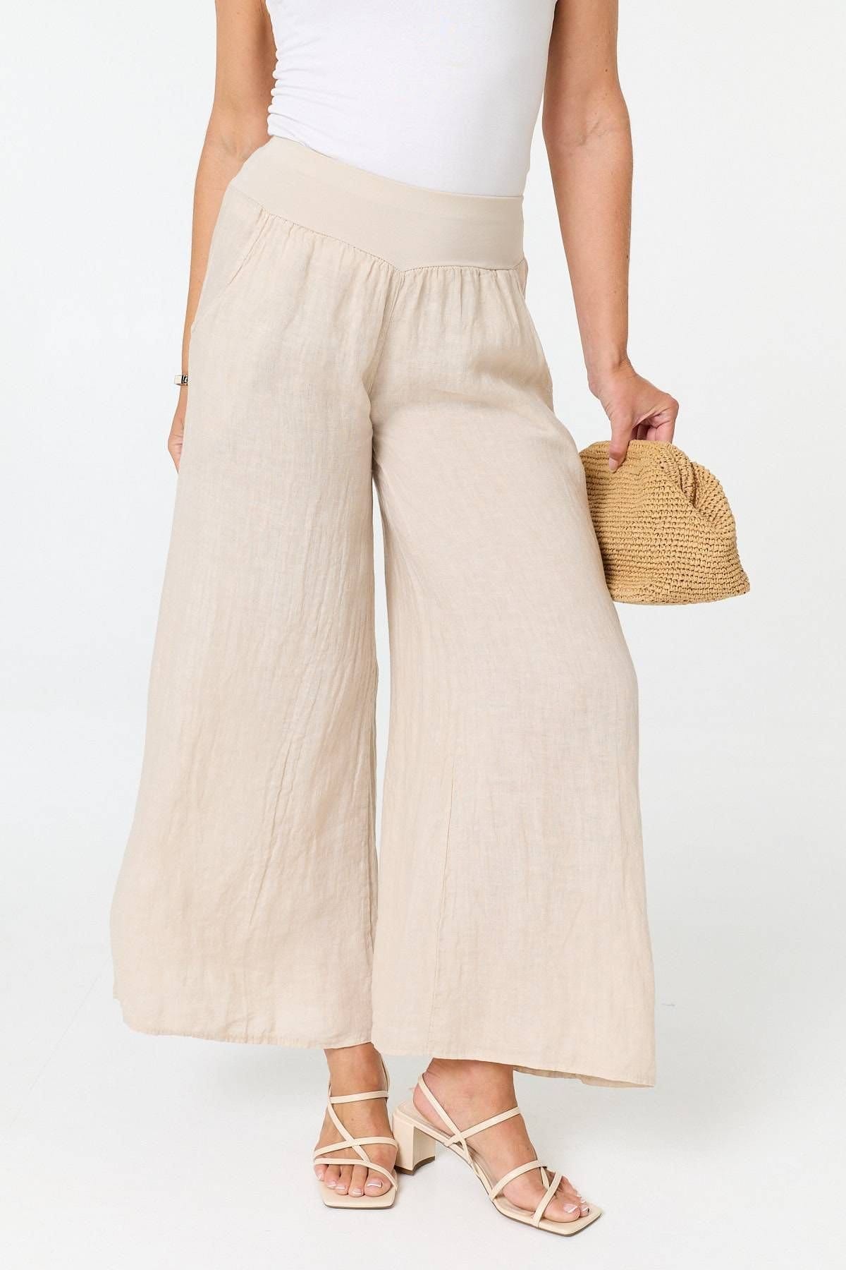 Izabel London Izabel London Women's High Waist Relaxed Flared Trousers in Beige - 4