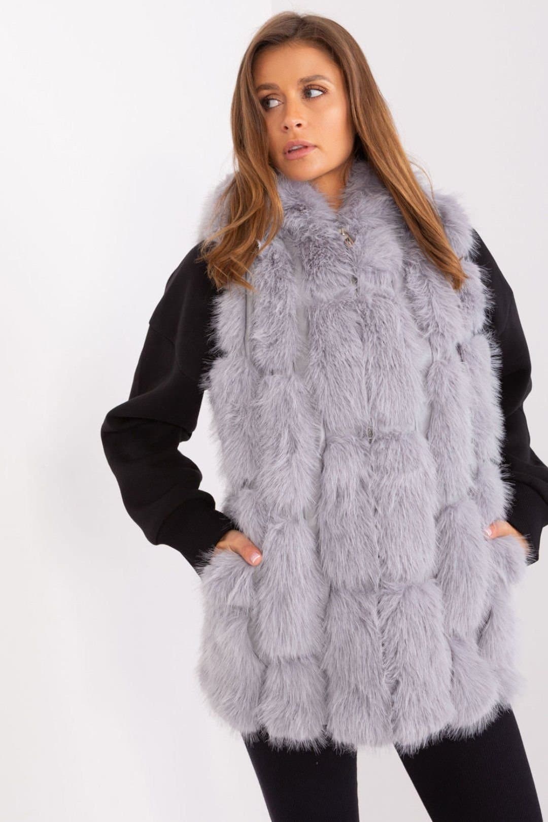 Love Lace Love Lace Women's Faux Fur Hooded Zipper Vest with Pockets Style 187591 in Grey