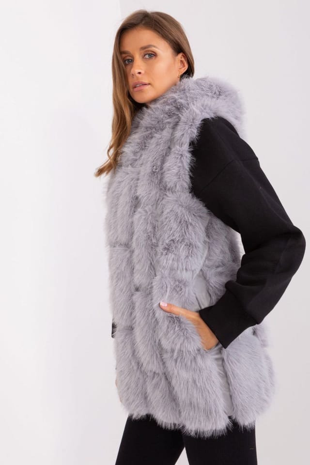 Love Lace Love Lace Women's Faux Fur Hooded Zipper Vest with Pockets Style 187591 in Grey - 2
