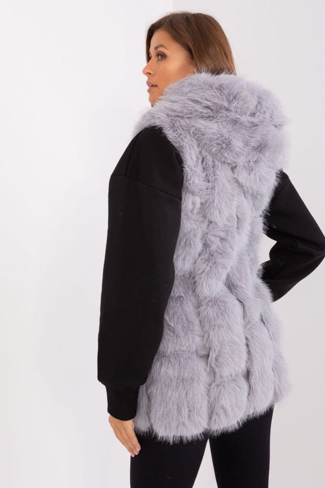 Love Lace Love Lace Women's Faux Fur Hooded Zipper Vest with Pockets Style 187591 in Grey - 3