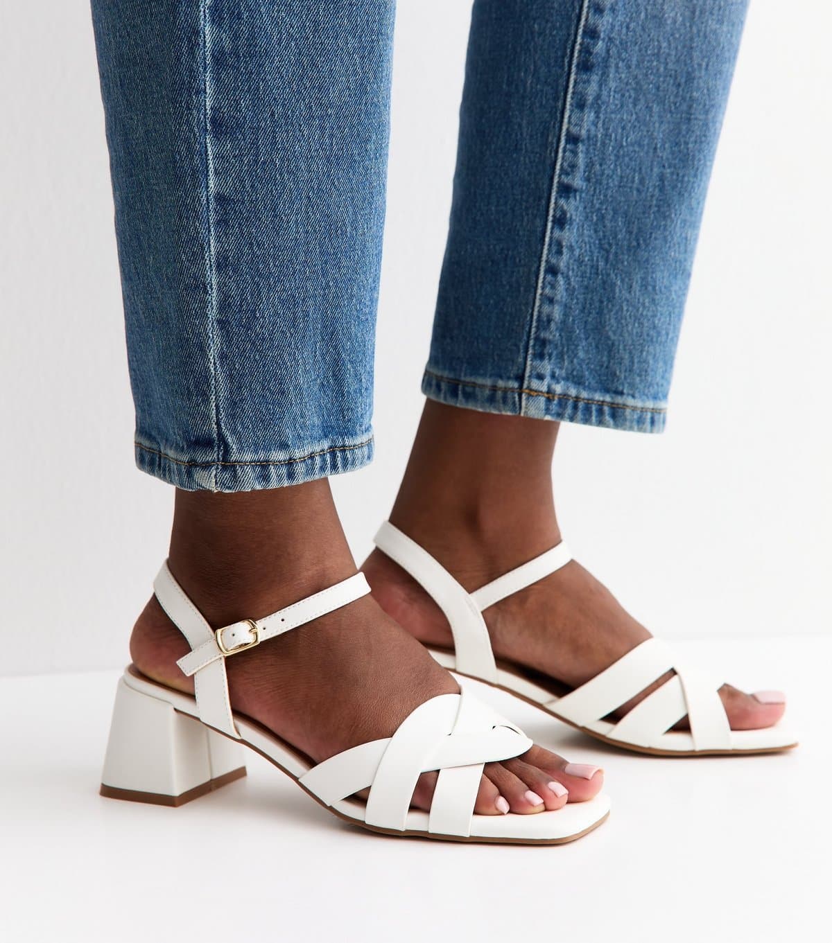 New Look Women's White Faux Leather Interwoven Low Block Heel Sandals Vegan New Look