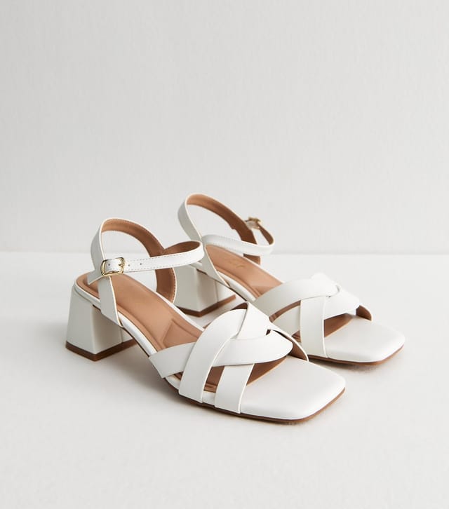 New Look Women's White Faux Leather Interwoven Low Block Heel Sandals Vegan New Look - 2