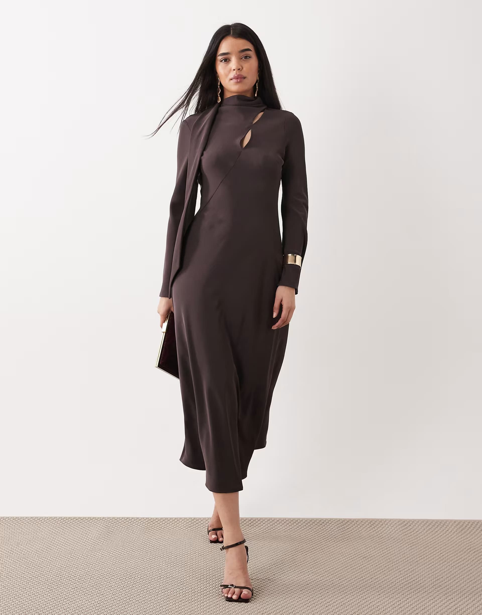 ASOS Mango long sleeve midi dress with scarf detail in brown