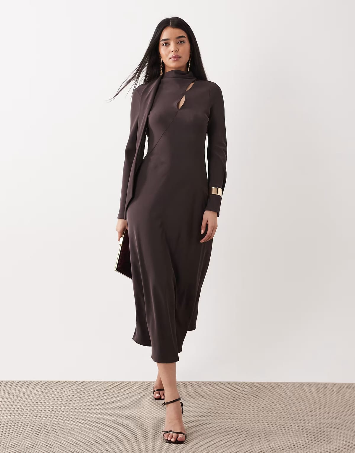ASOS Mango long sleeve midi dress with scarf detail in brown - 1