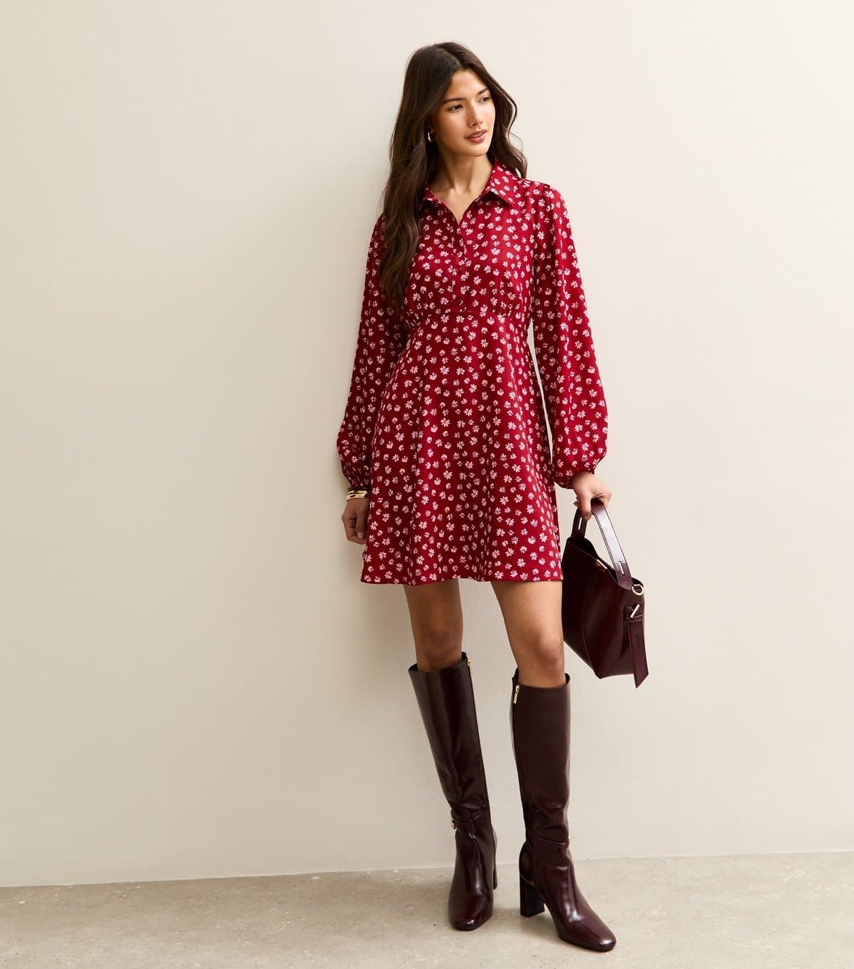 New Look Women's Red Floral Long Sleeve Mini Shirt Dress New Look