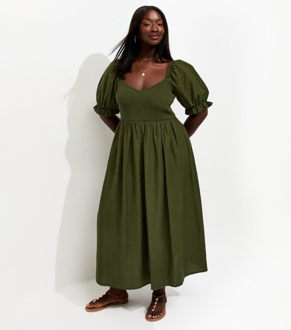 New Look Women's Plus Size Dark Khaki Cotton Blend Shirred Bodice Puff Sleeve Midi Dress Curves New Look