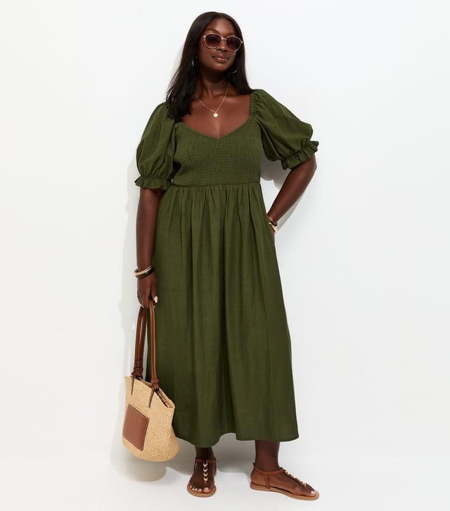 New Look Women's Plus Size Dark Khaki Cotton Blend Shirred Bodice Puff Sleeve Midi Dress Curves New Look - 3