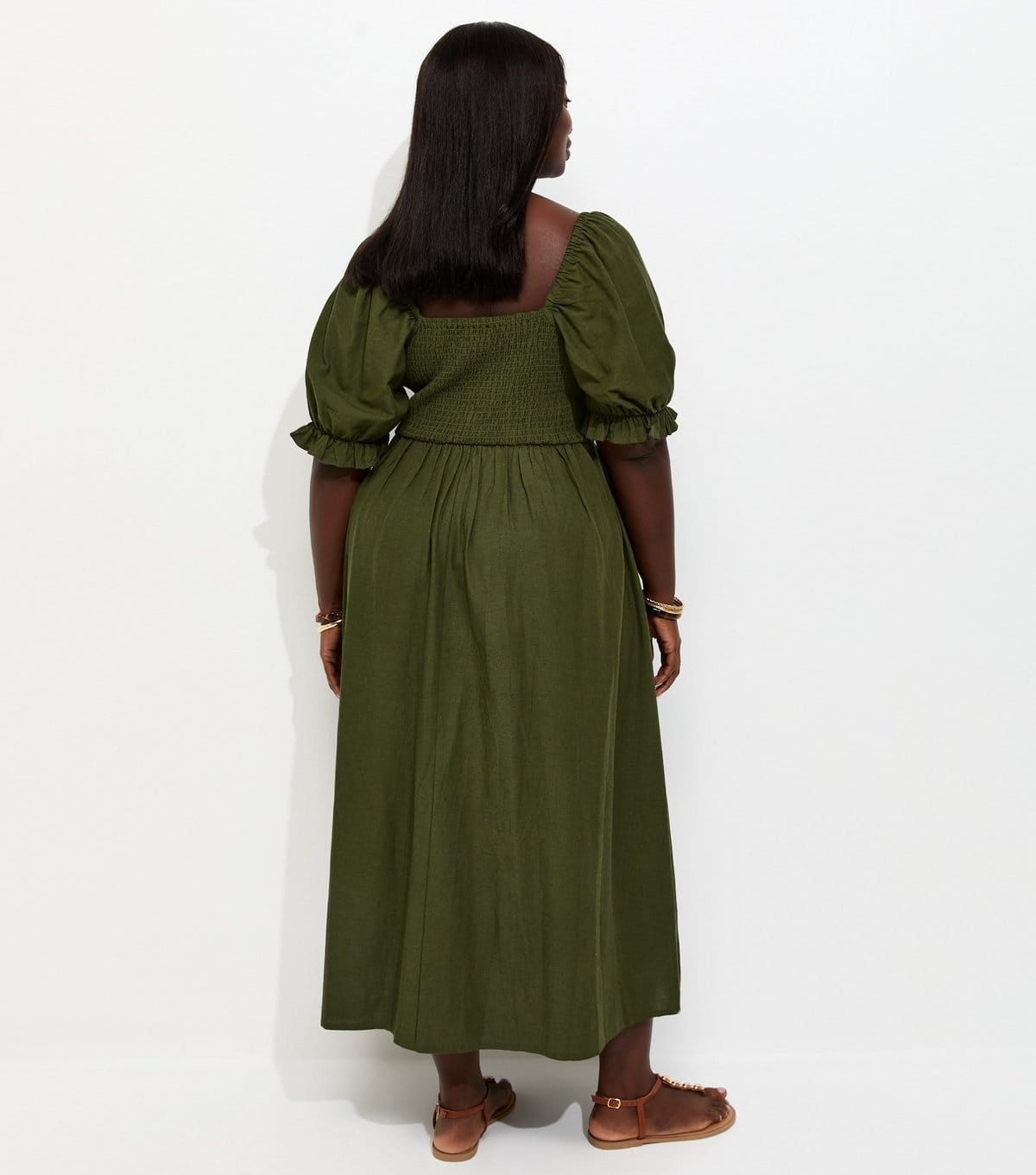 New Look Women's Plus Size Dark Khaki Cotton Blend Shirred Bodice Puff Sleeve Midi Dress Curves New Look - 4