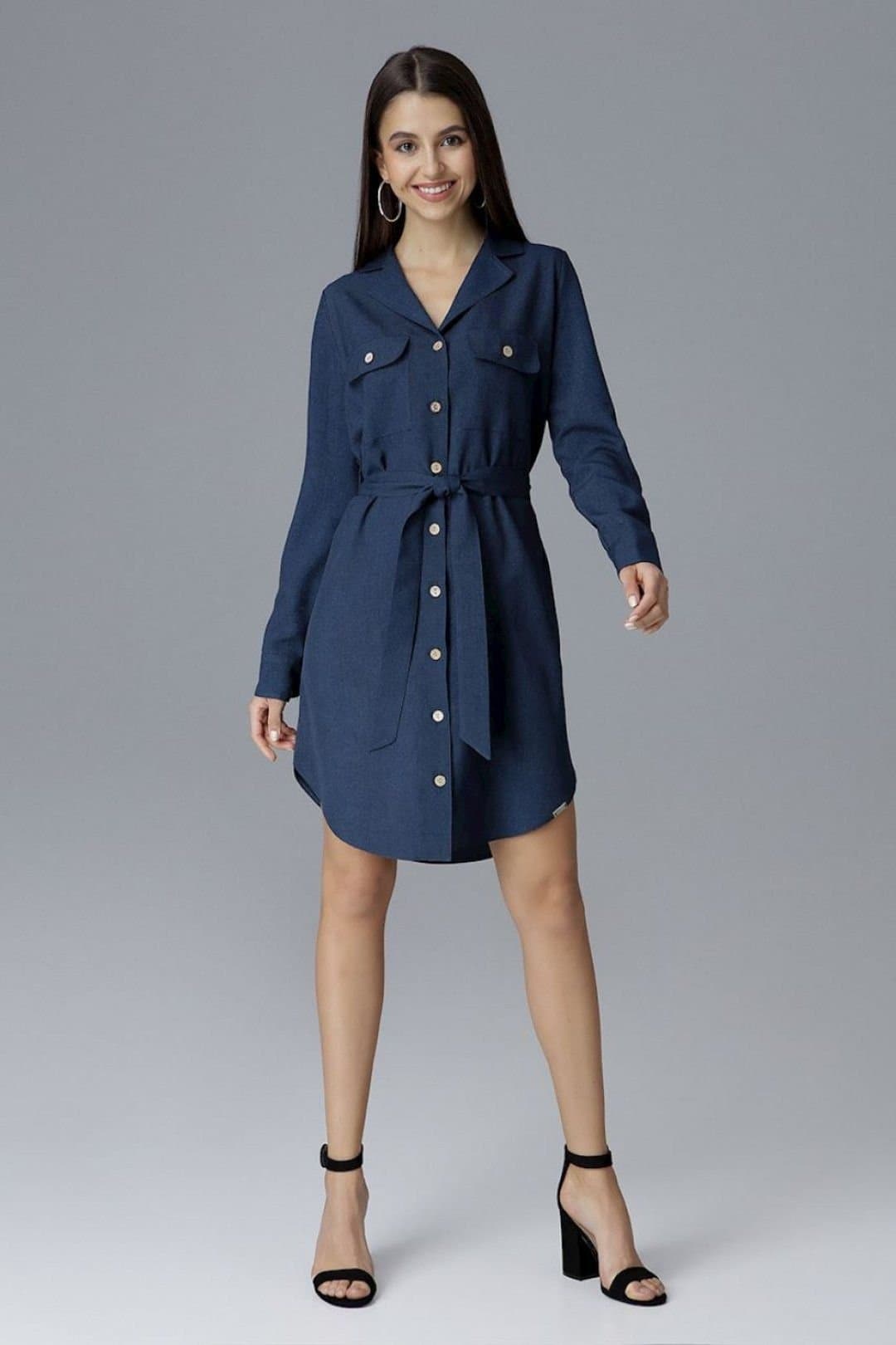 Love Lace Love Lace Women's Shirt Dress with Waist Tie & Pockets in Blue