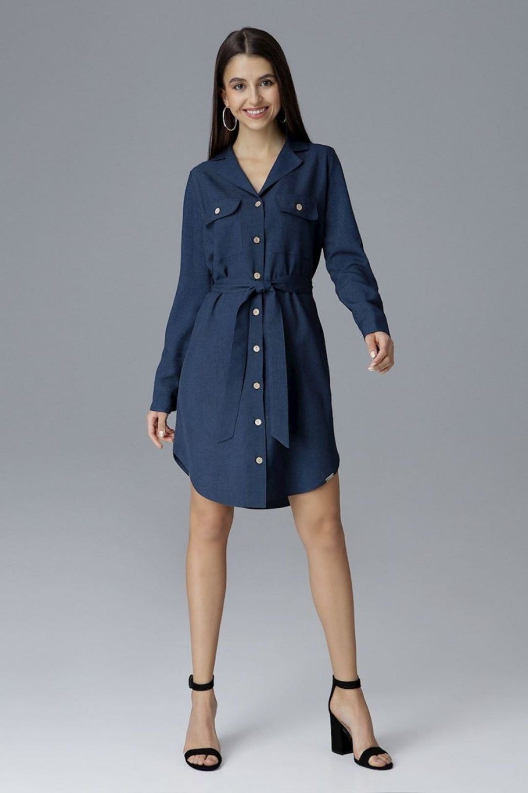 Love Lace Blue Shirt Dress with Waist Tie & Pockets