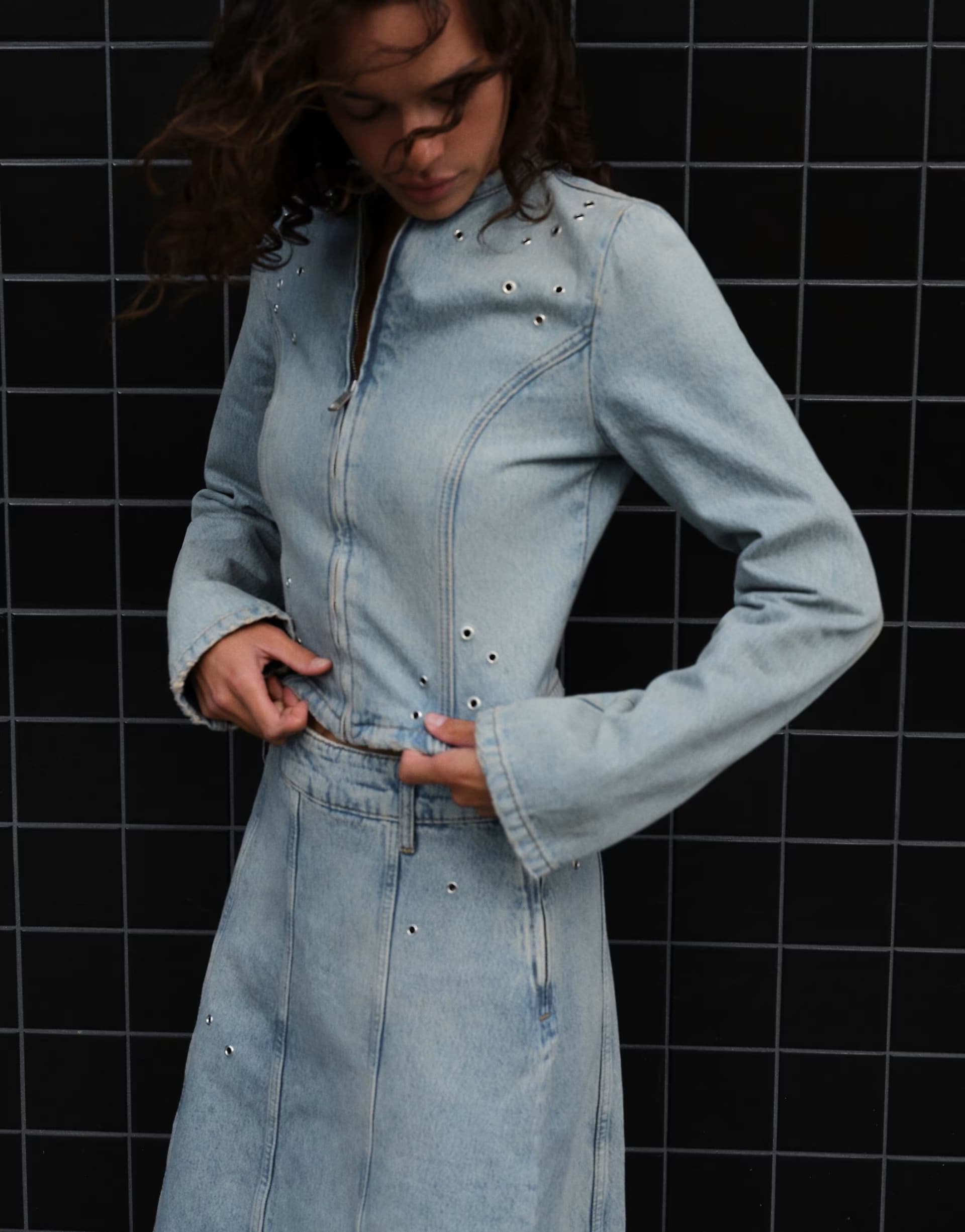 ASOS Pull&Bear Eyelet denim jacket in pale blue
