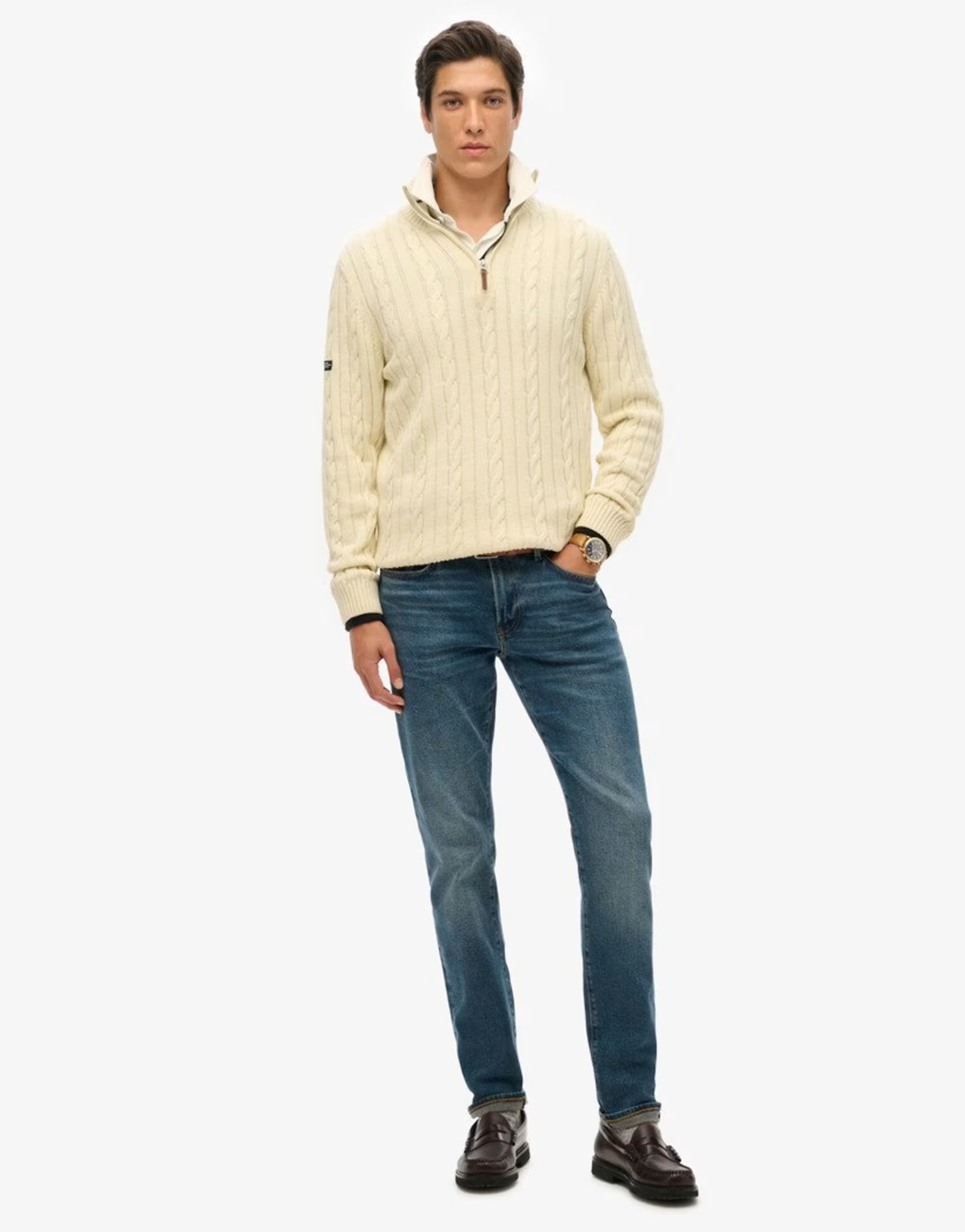 ASOS Superdry Cotton classic cable half-zip jumper in cream - 1