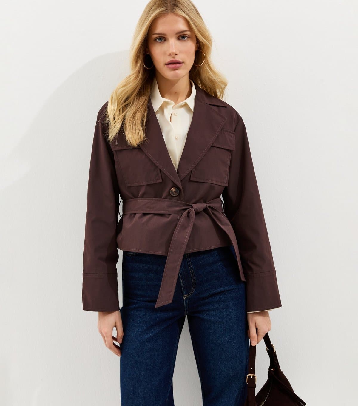 New Look Women's Brown Double Pocket Belted Short Belted Mac New Look