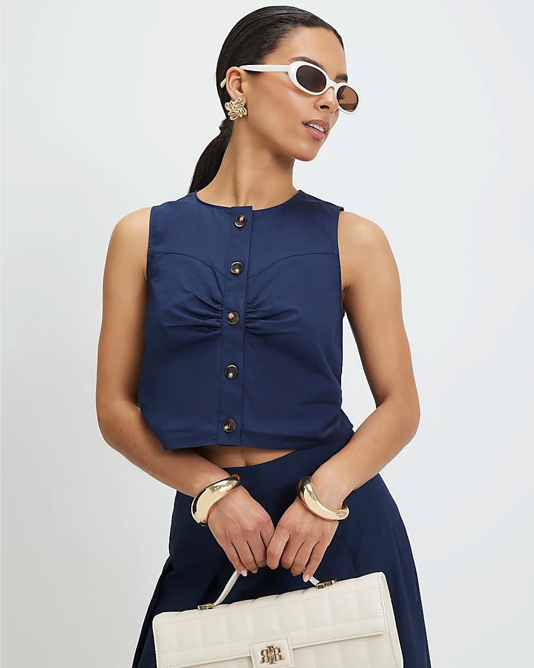 River Island River Island Womens Petite Navy Cotton Poplin Waistcoat Top