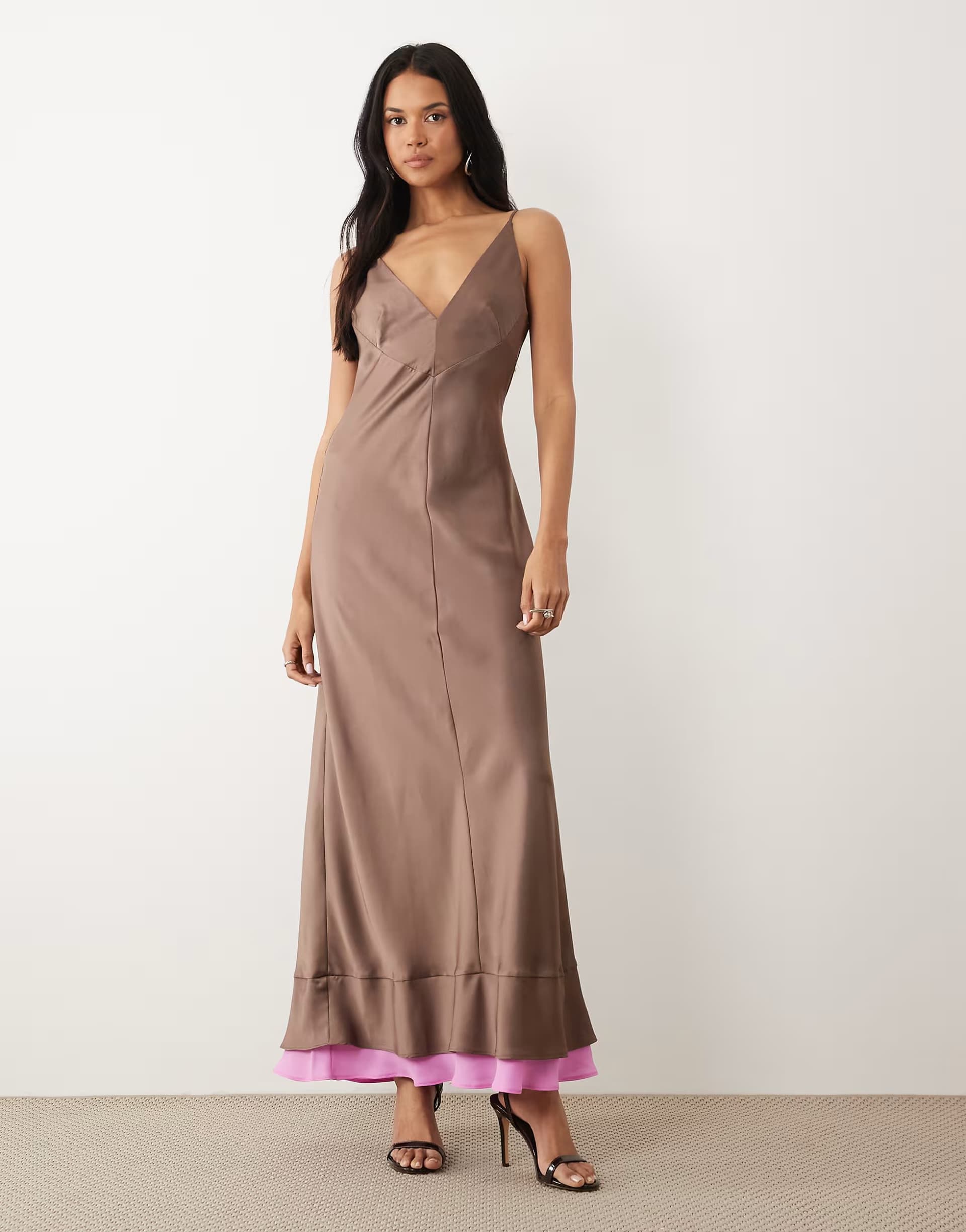 ASOS ASOS DESIGN v-neck satin double layer maxi dress in mocha and pink