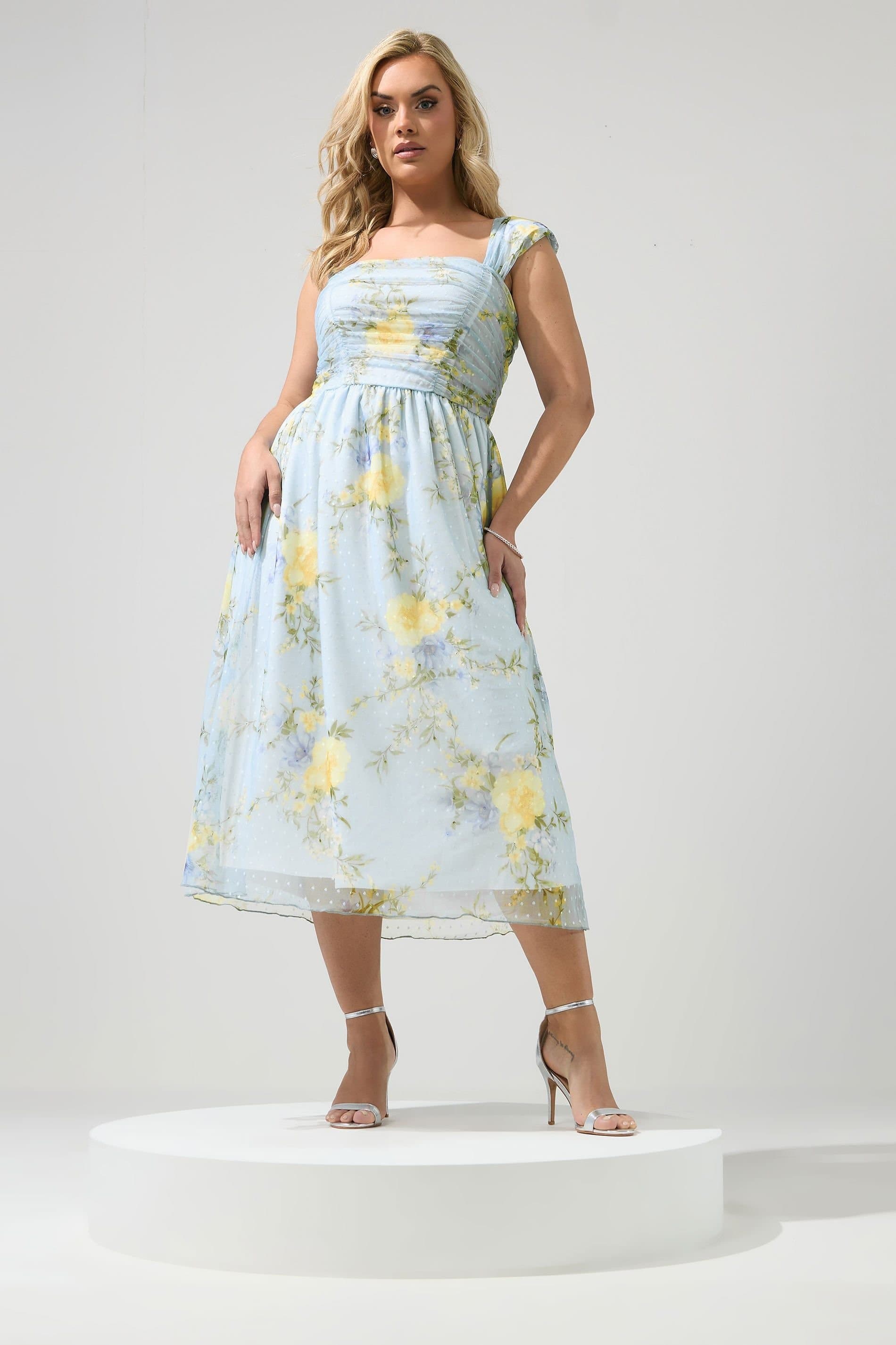 Yours Yours Women's Floral Spot Mesh Skater Dress in Baby Blue