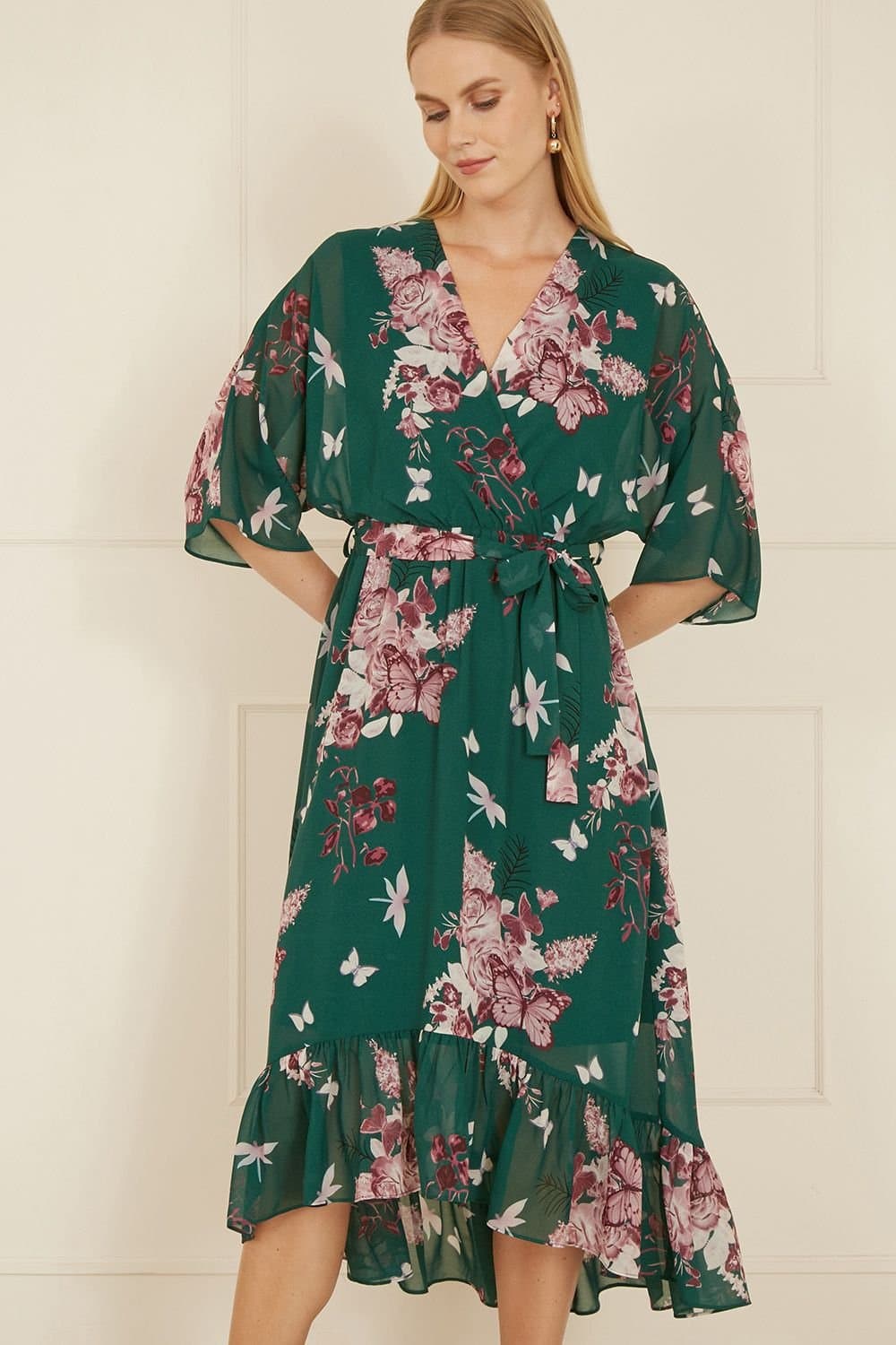 Yumi Yumi Women's Green Floral Kimono Dipped Hem Dress