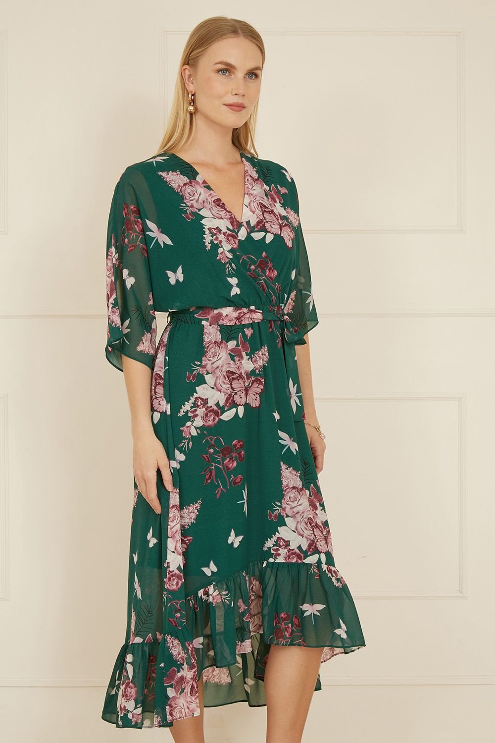 Yumi Yumi Women's Green Floral Kimono Dipped Hem Dress - 3
