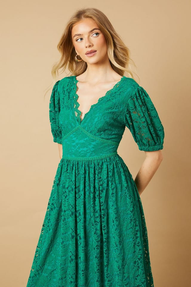 Oasis Oasis Women's Lace Puff Sleeve V Neck Midaxi Dress in Green - 2