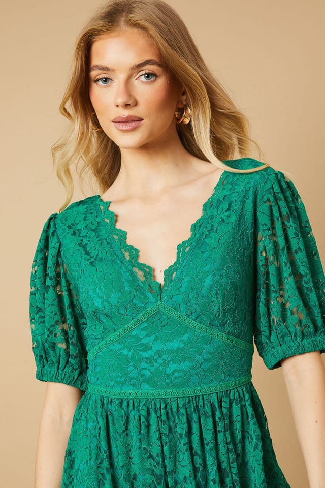 Oasis Oasis Women's Lace Puff Sleeve V Neck Midaxi Dress in Green - 3
