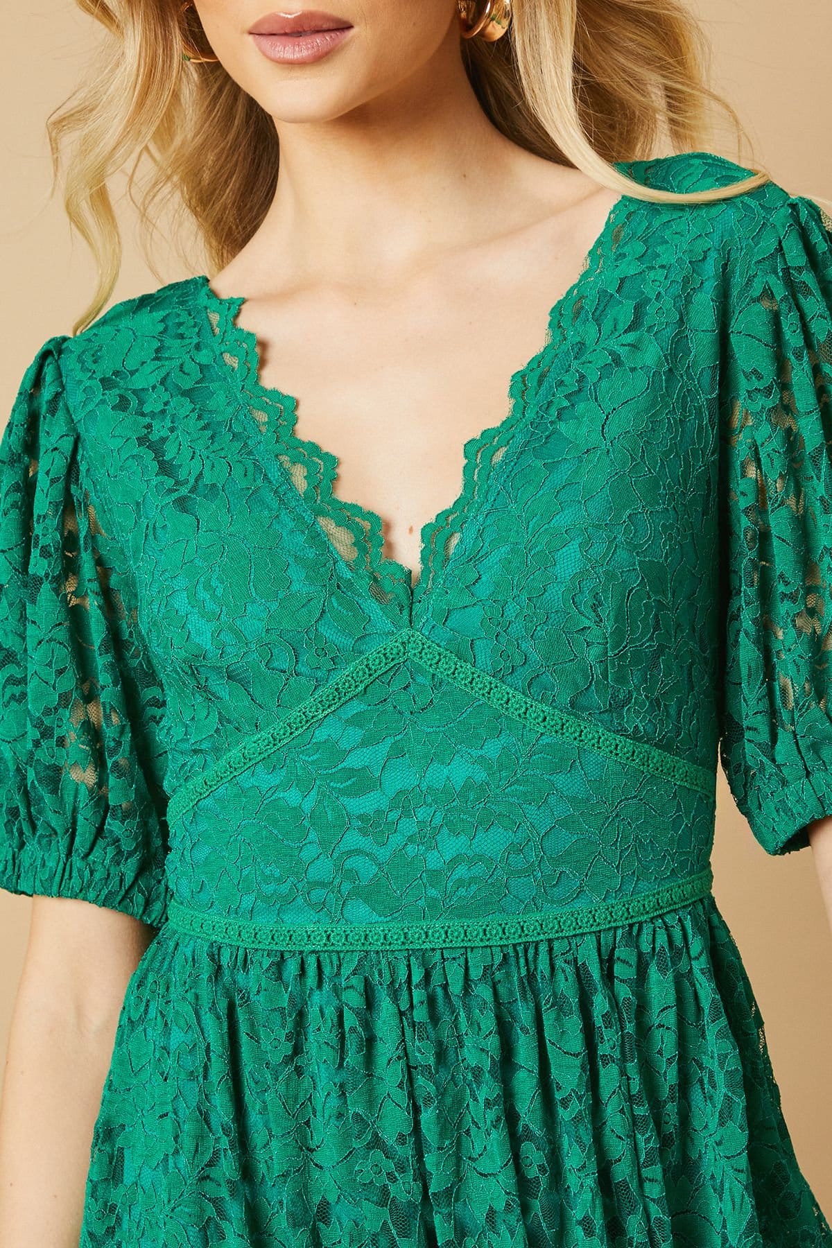 Oasis Oasis Women's Lace Puff Sleeve V Neck Midaxi Dress in Green - 4