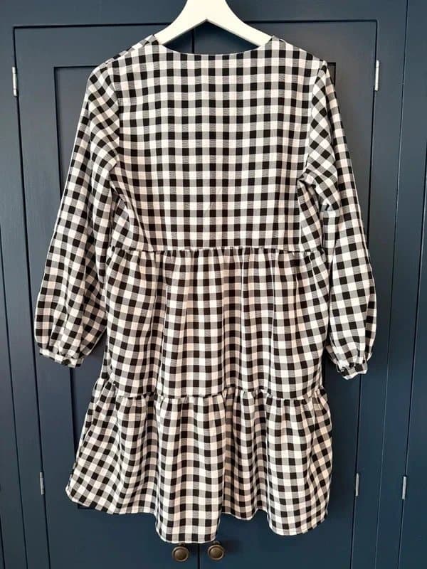 H&M Divided Gingham Check Tiered Mini Dress UK 10 Black White Smock Style