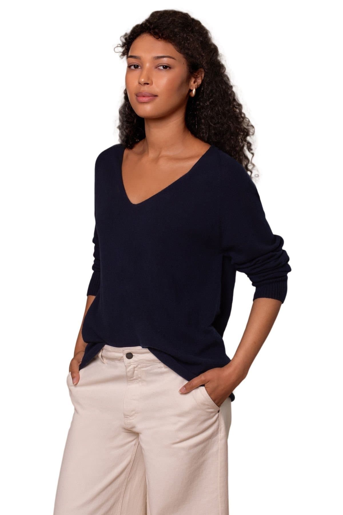 Celtic & Co Celtic & Co Women's Geelong Wool Slouch V-Neck Sweater in Dark Navy