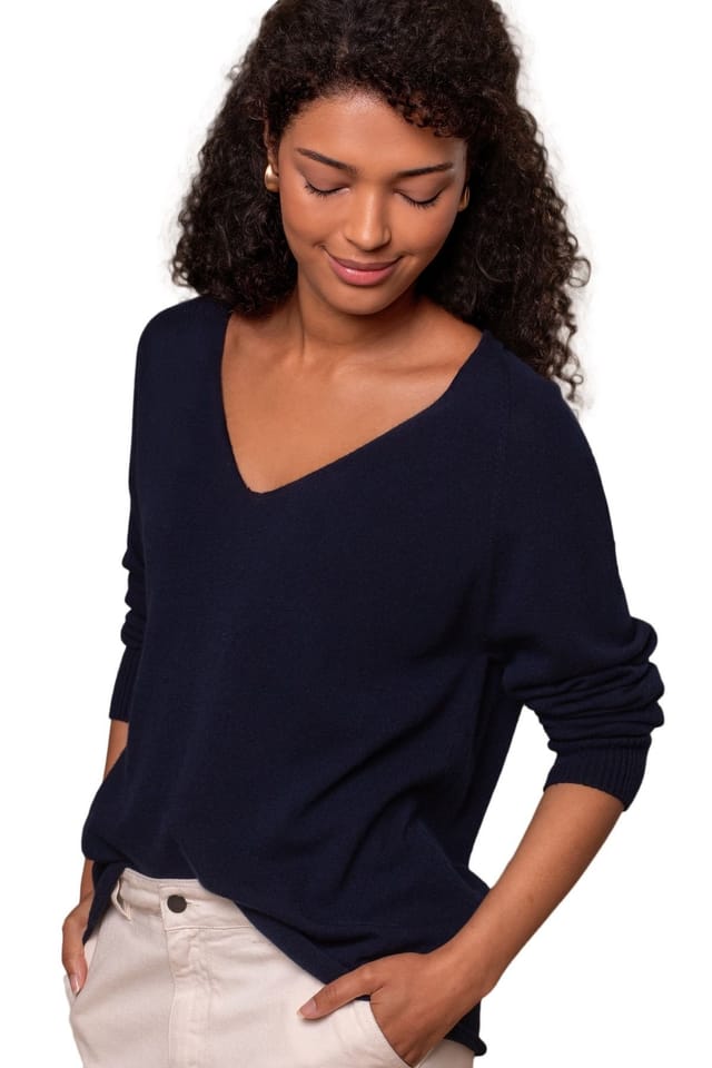 Celtic & Co Celtic & Co Women's Geelong Wool Slouch V-Neck Sweater in Dark Navy - 3