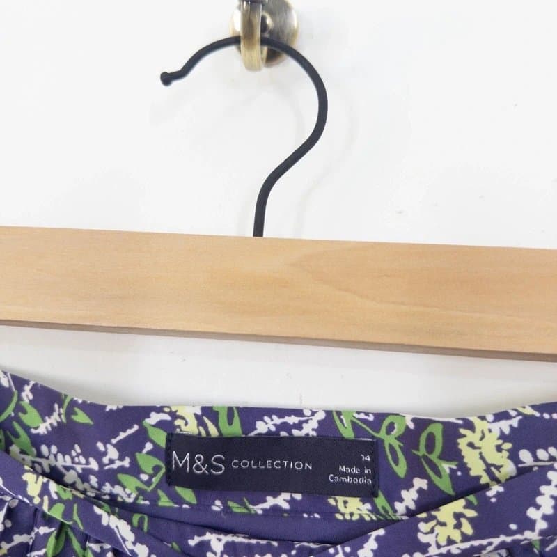 Marks & Spencer M&S Purple Floral Pleated Midi Skirt Size 14 Silky Satin Botanical Green Multi