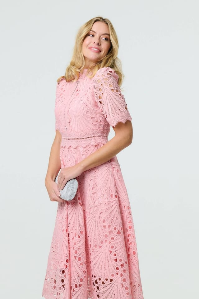 Izabel London Izabel London Women's Floral Lace Cut Out Frilled Trim Midi Dress in Pink - 3