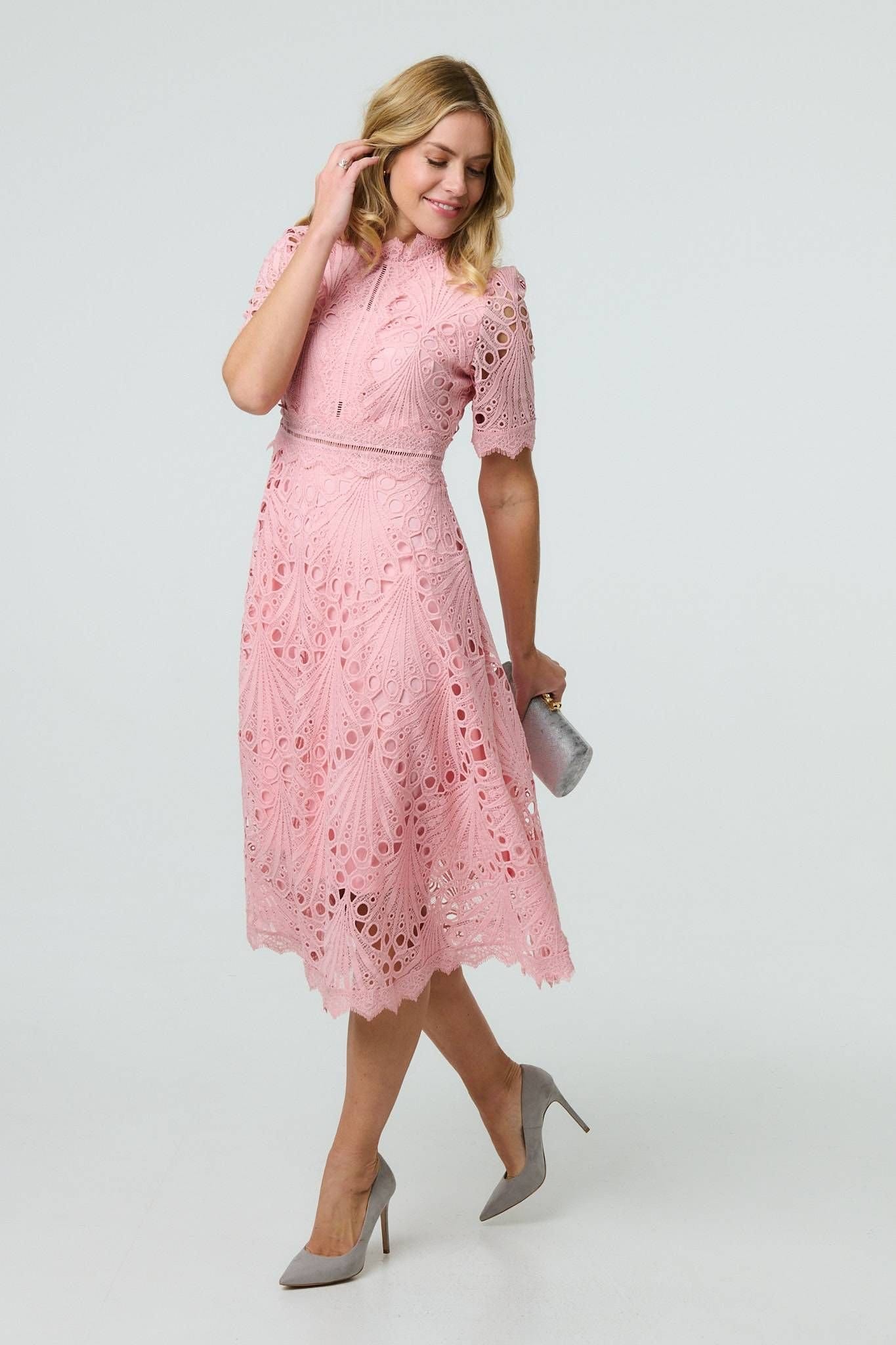 Izabel London Izabel London Women's Floral Lace Cut Out Frilled Trim Midi Dress in Pink - 4