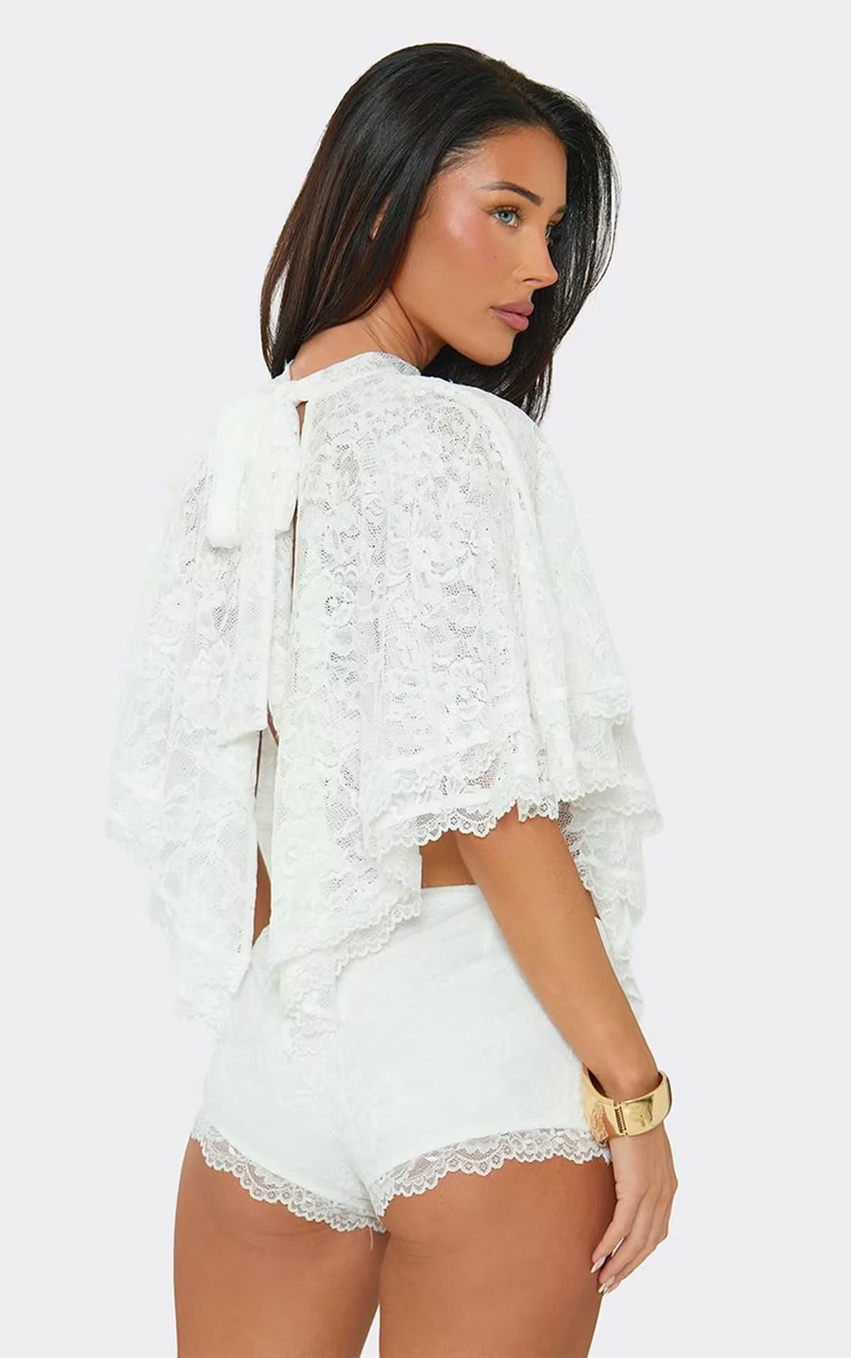 EGO Short Sleeve Asymmetric Hem Cape Top In White Lace, Women's Size UK 6