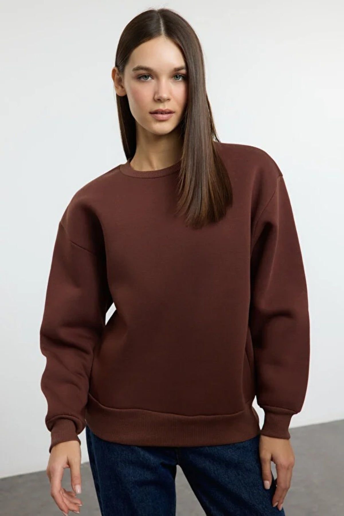 HOXTON GAL HOXTON GAL Women's Thick Fleece-Lined Regular Fit Crew Neck Sweatshirt in Brown - 4