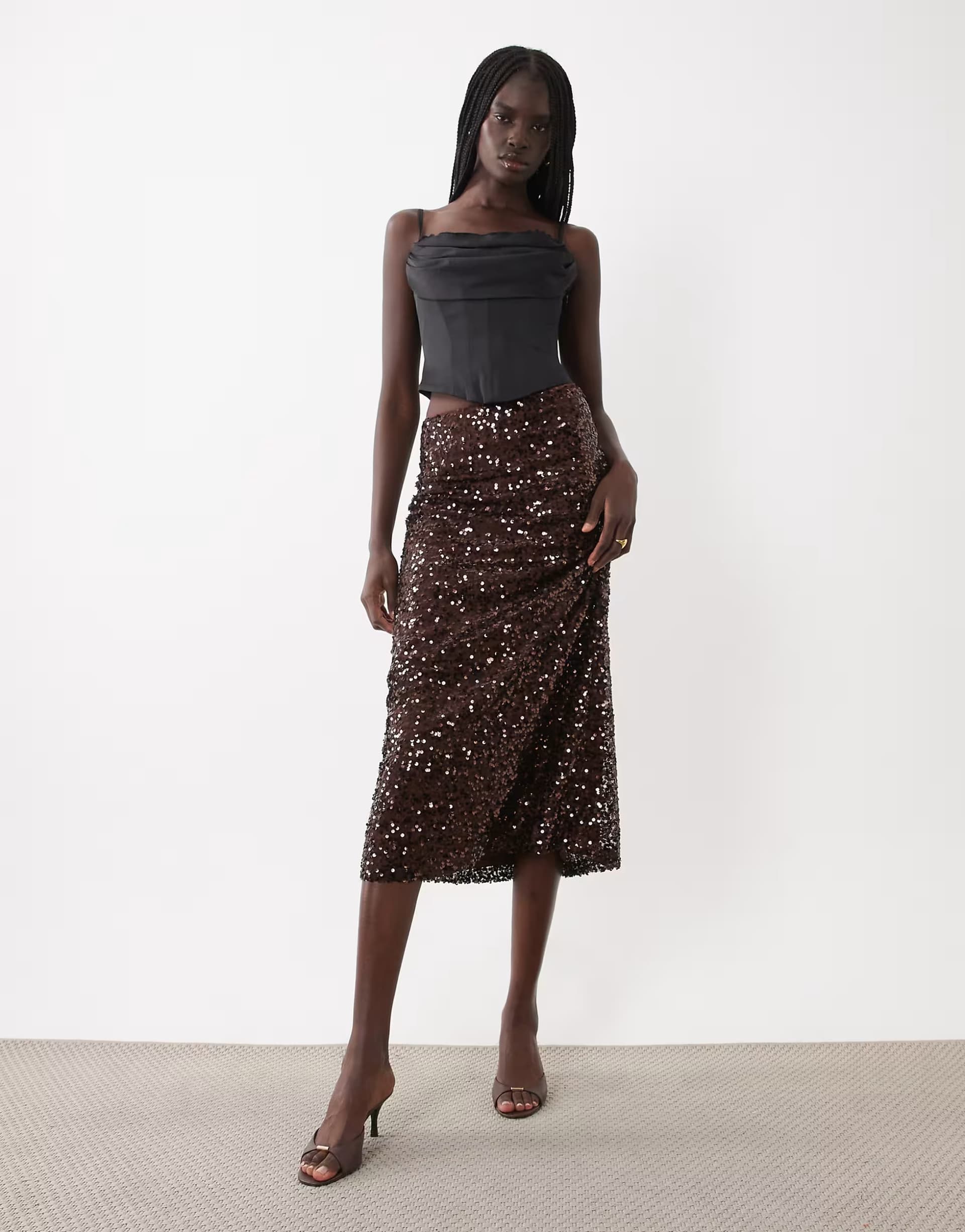 ASOS ASOS DESIGN sequin midi skirt in chocolate