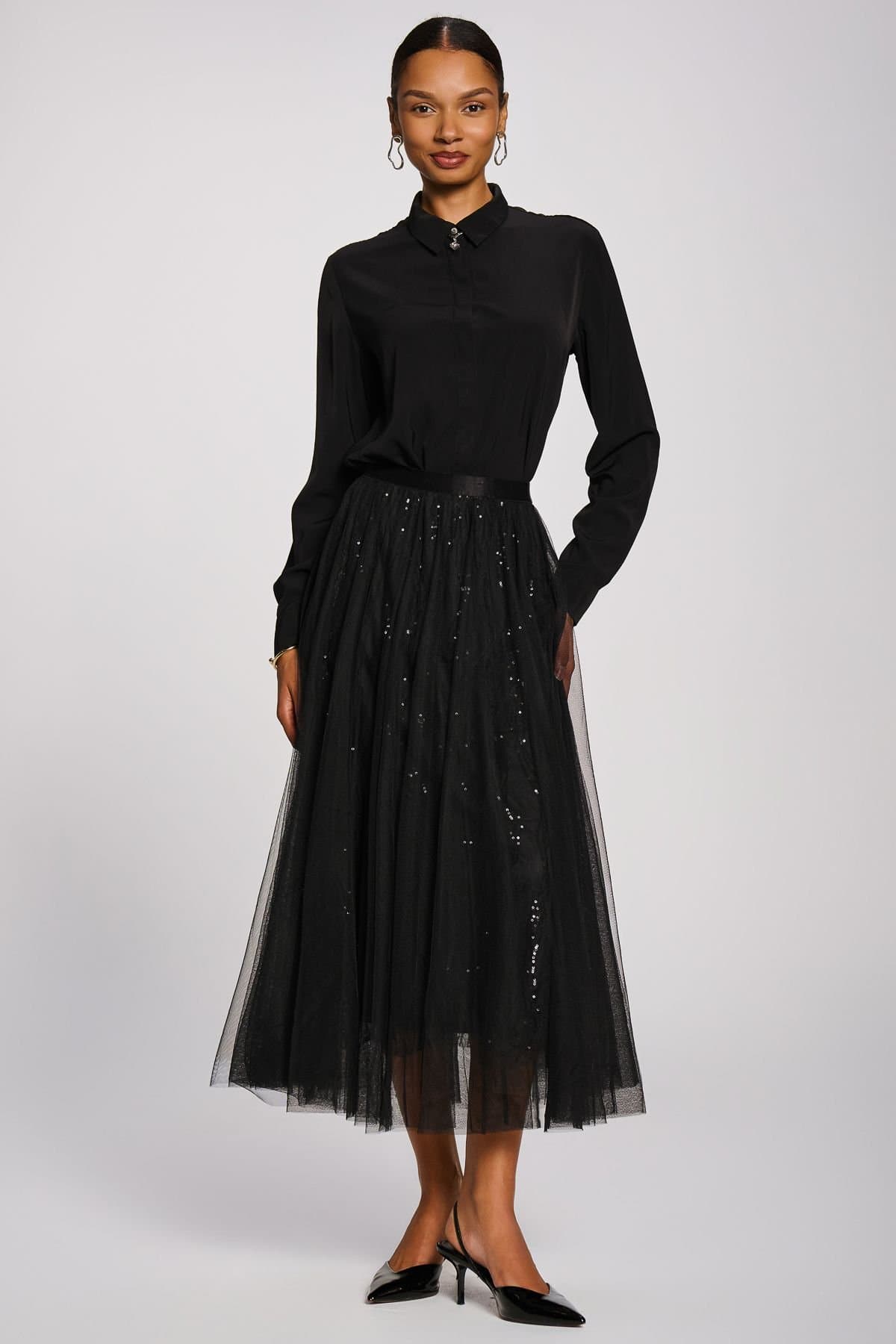 Jolie Moi Jolie Moi Women's Sequin Mesh Multi Layered Maxi Skirt in Black