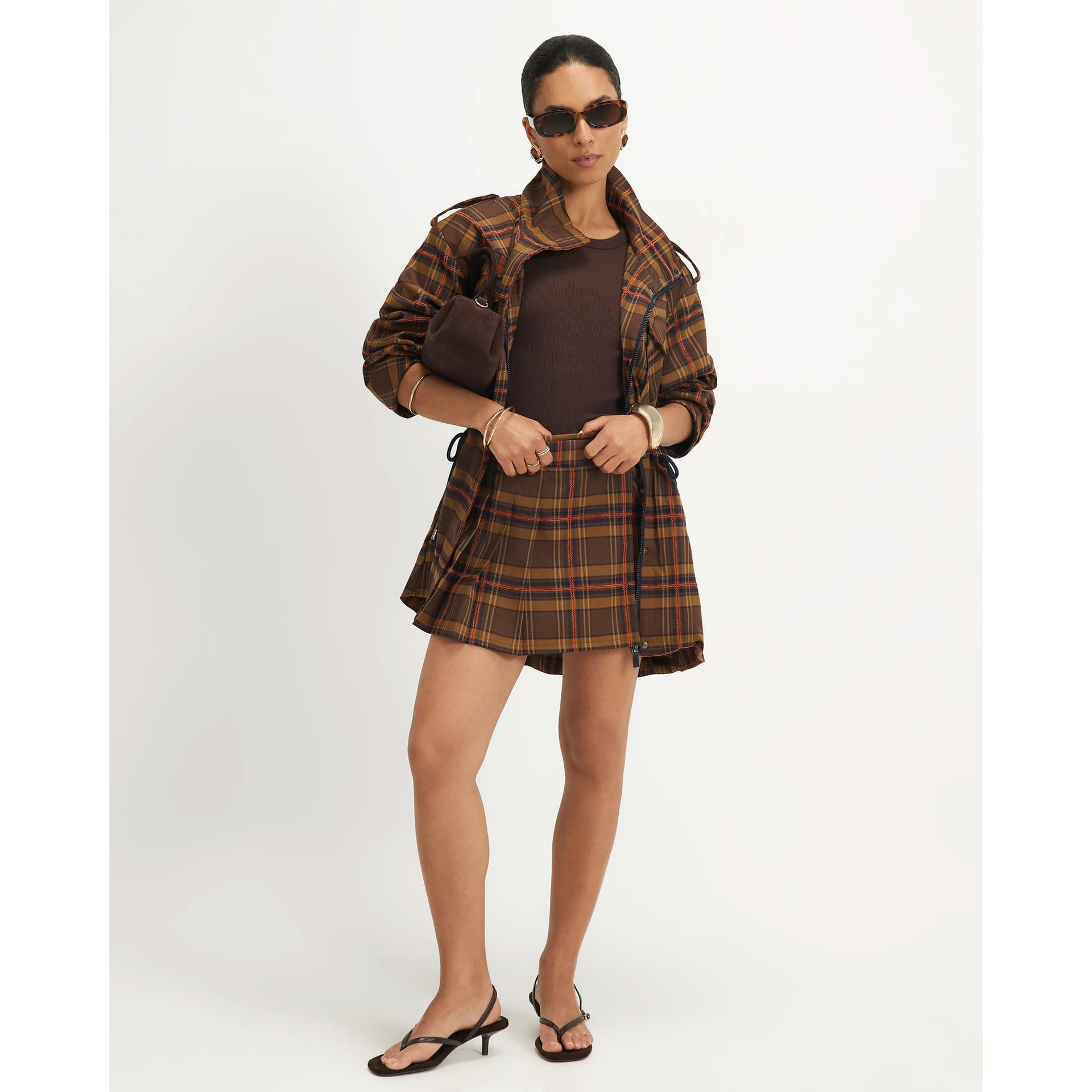 River Island River Island Womens Petite Brown Check Funnel Neck Parka Jacket