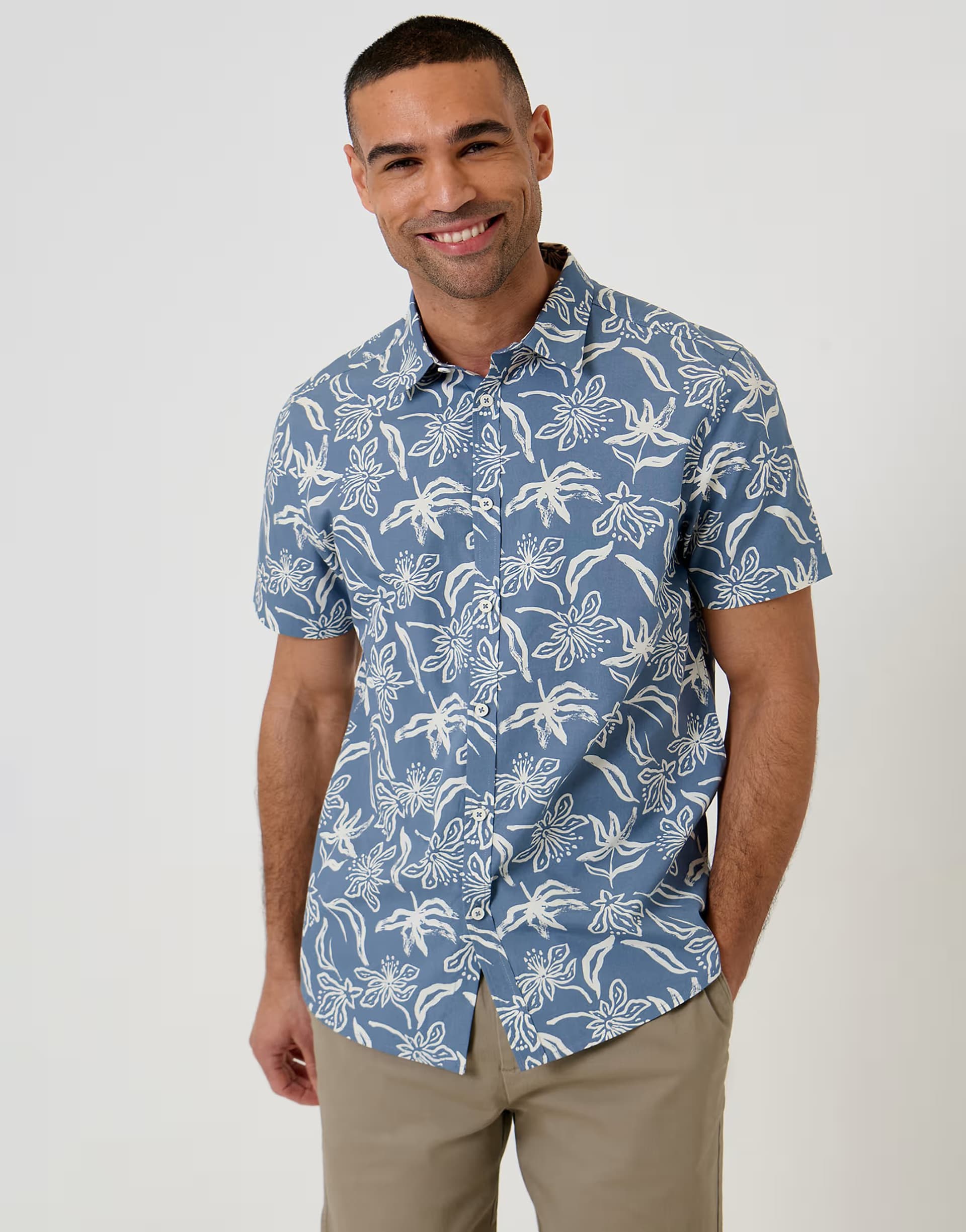 ASOS Threadbare Tropical print cotton short sleeve shirt in blue