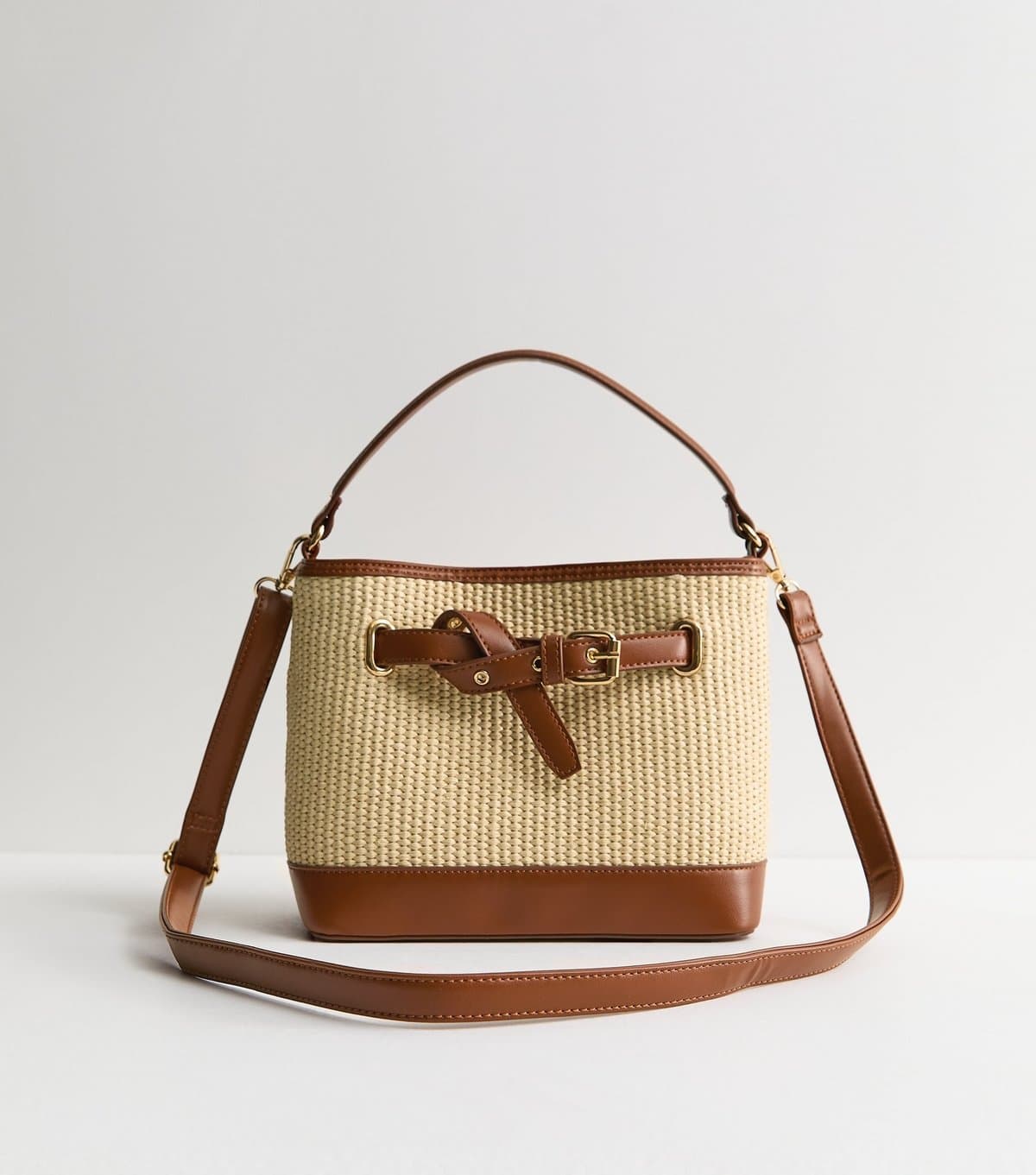 New Look Stone Belted Woven Bucket Bag New Look