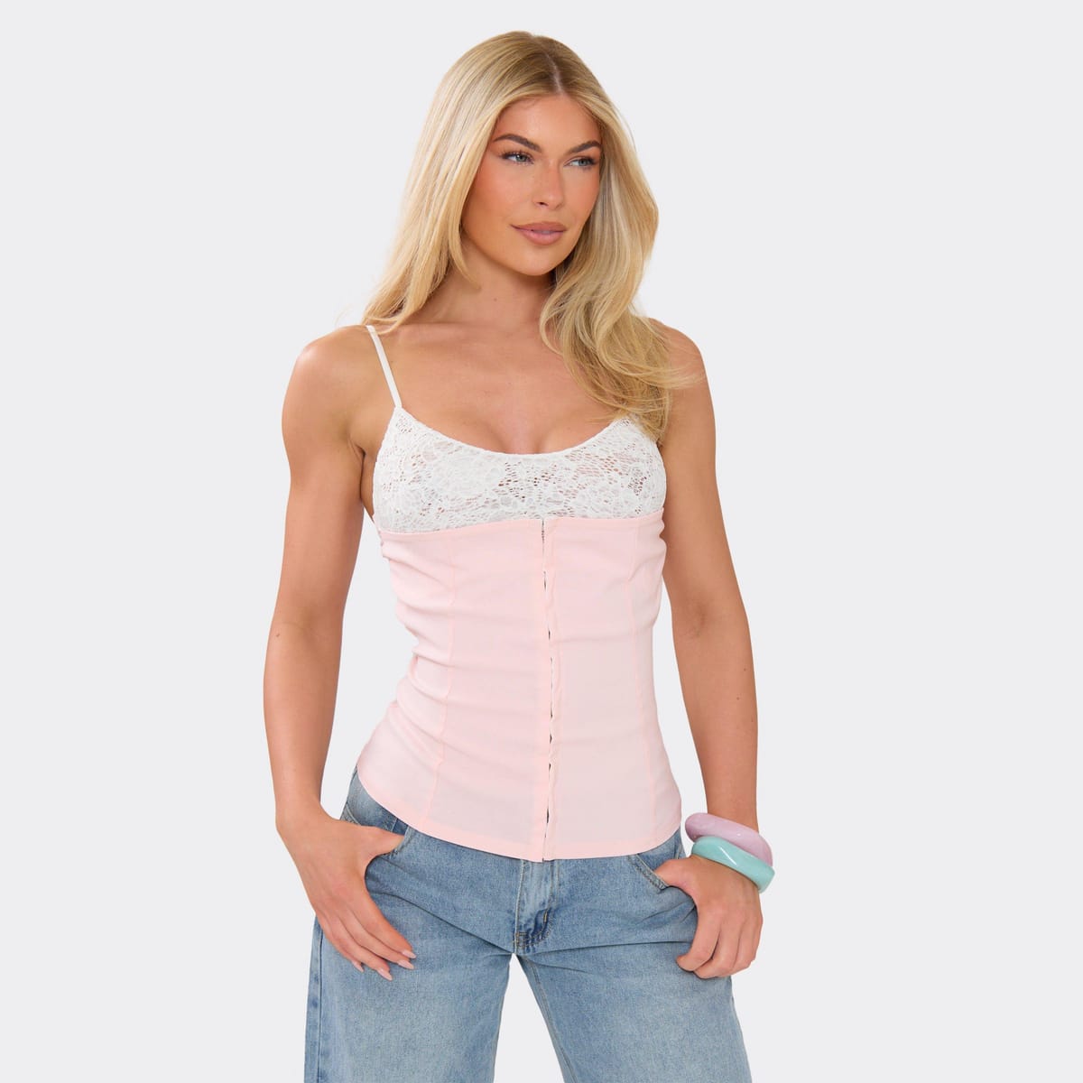 EGO Strappy Contrast Lace Hook And Eye Corset Top In Baby Pink, Women's Size UK 6 - 1