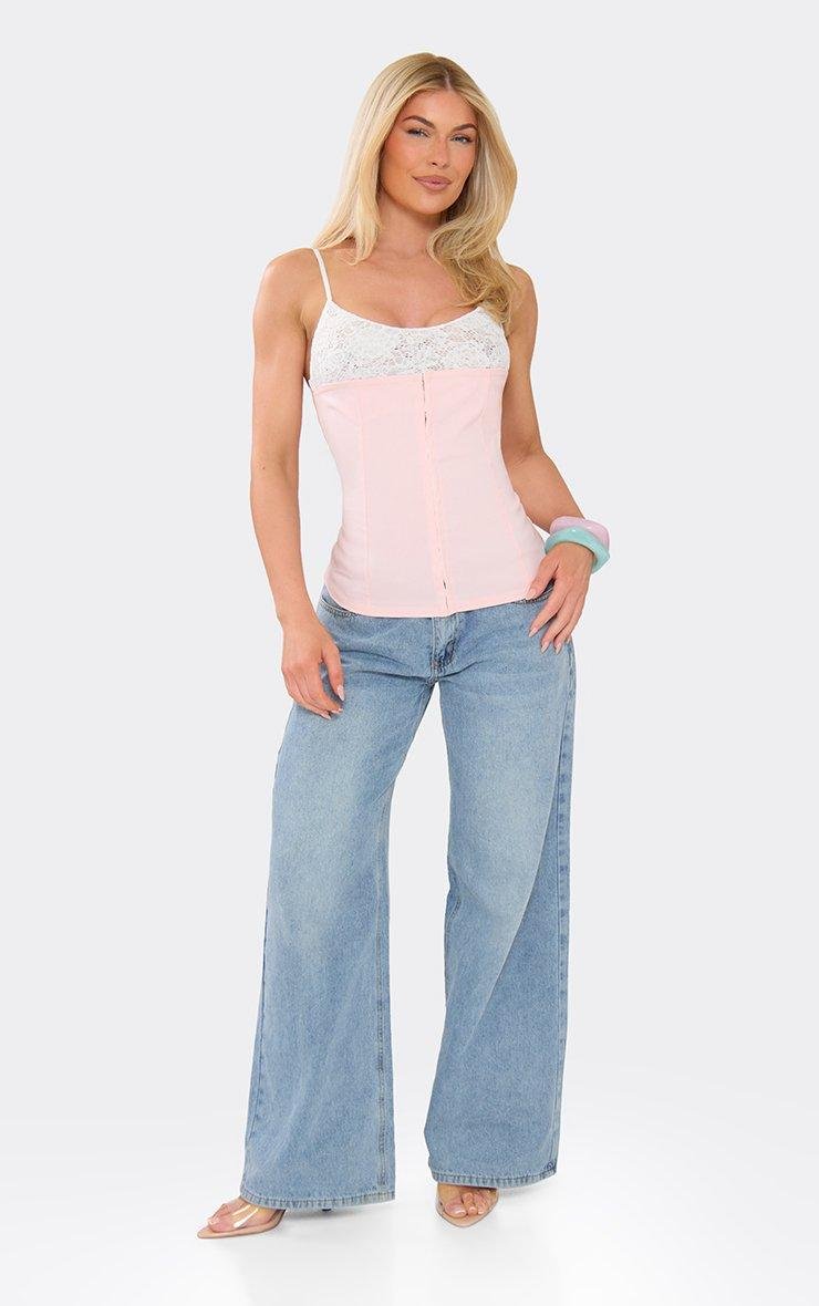 EGO Strappy Contrast Lace Hook And Eye Corset Top In Baby Pink, Women's Size UK 6 - 2
