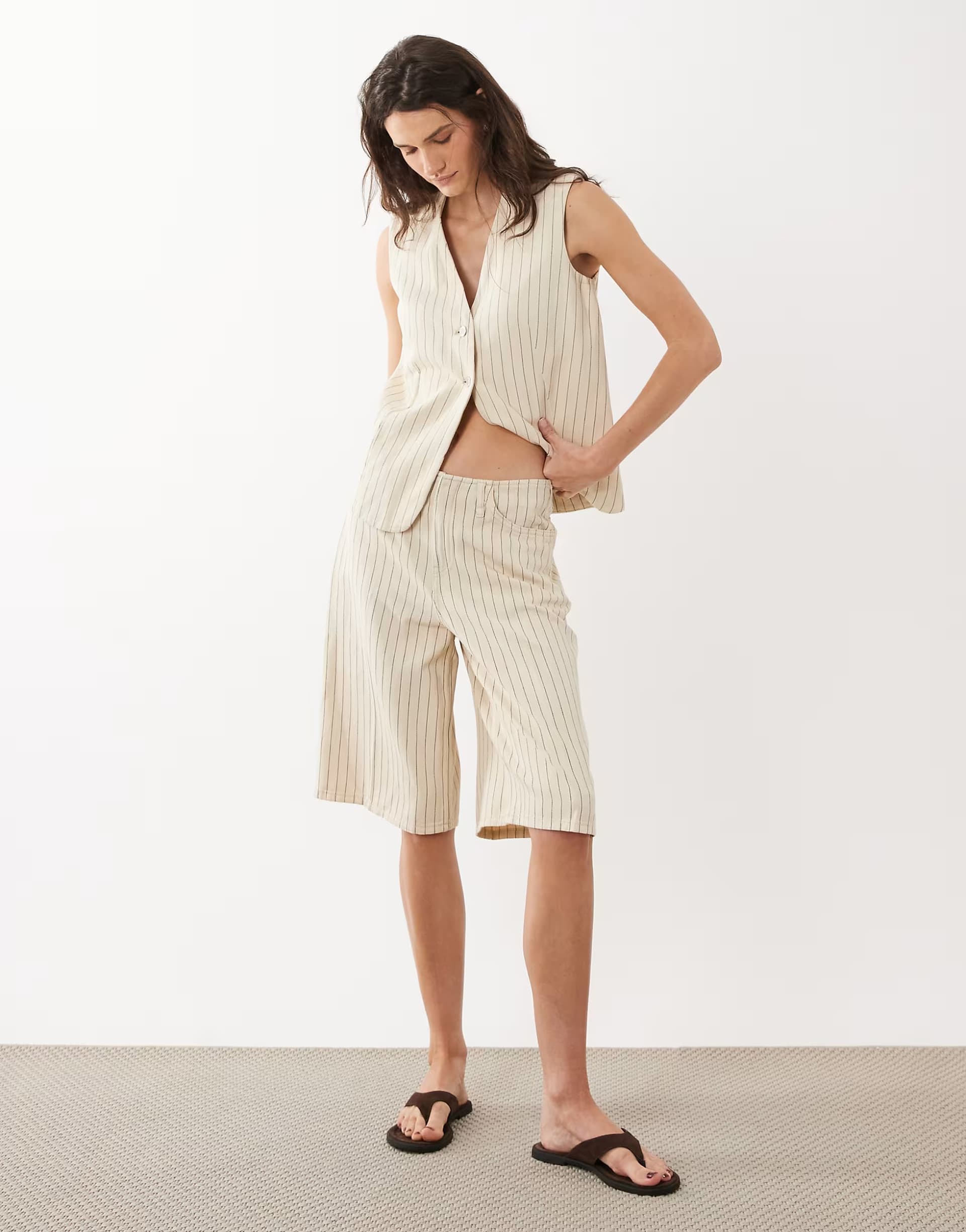 ASOS Mango Tony denim bermuda short co-ord in beige stripe