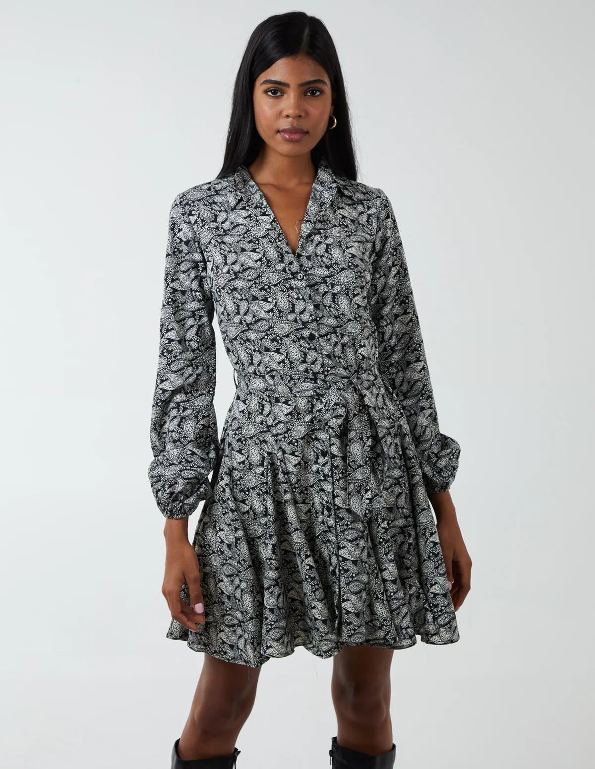 Blue Vanilla Paisley Shirt Mini Dress With Godet Hem & Tie