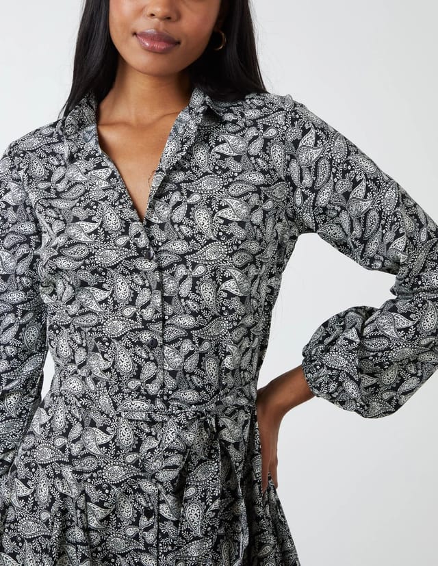 Blue Vanilla Paisley Shirt Mini Dress With Godet Hem & Tie - 2