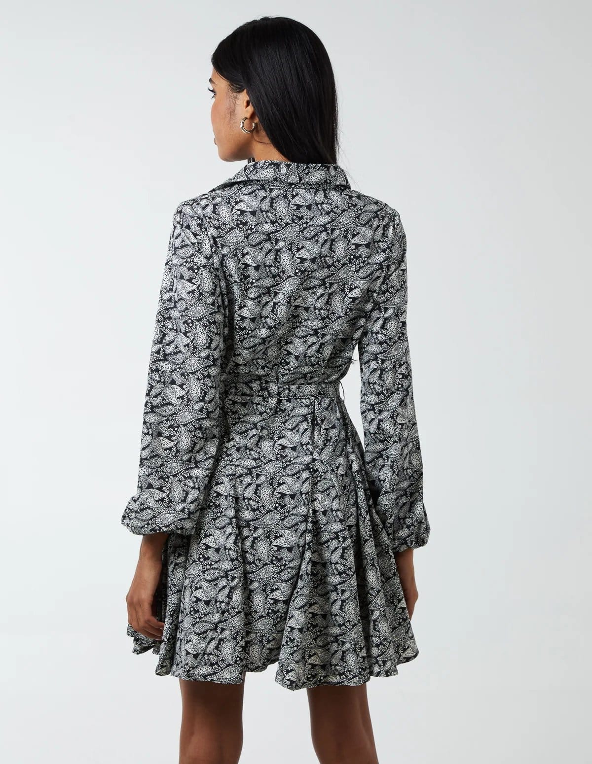 Blue Vanilla Paisley Shirt Mini Dress With Godet Hem & Tie - 4