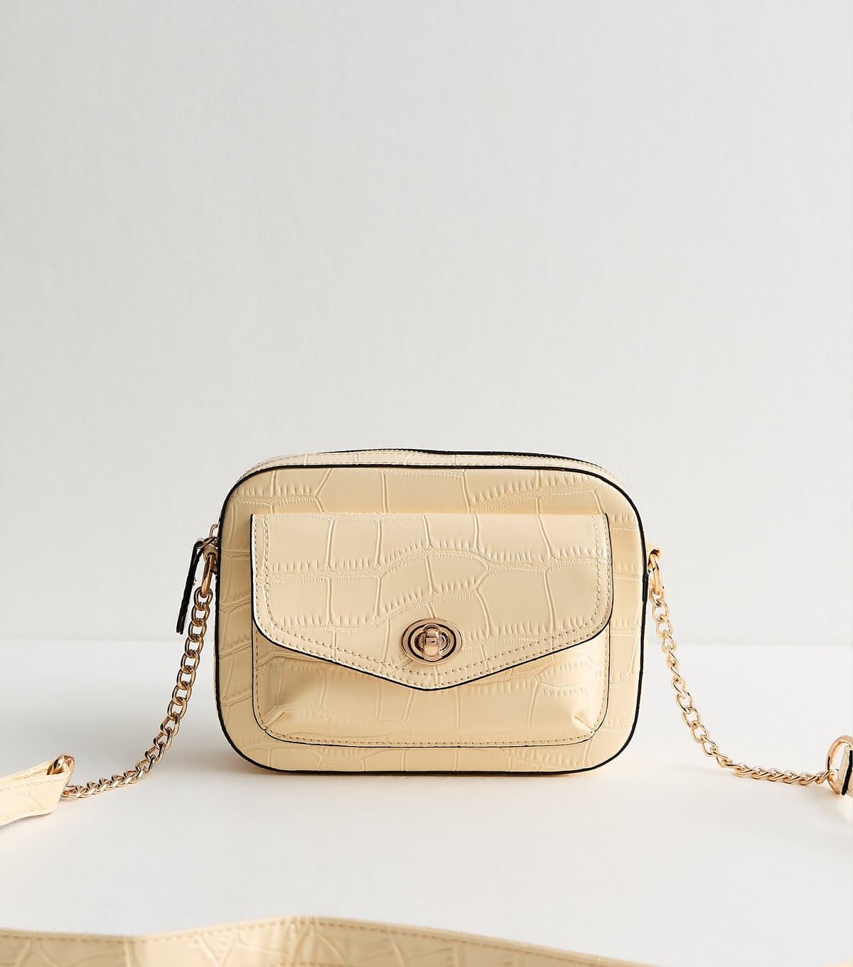 New Look Light Yellow Faux Leather Croc Embossed Crossbody Bag Vegan New Look